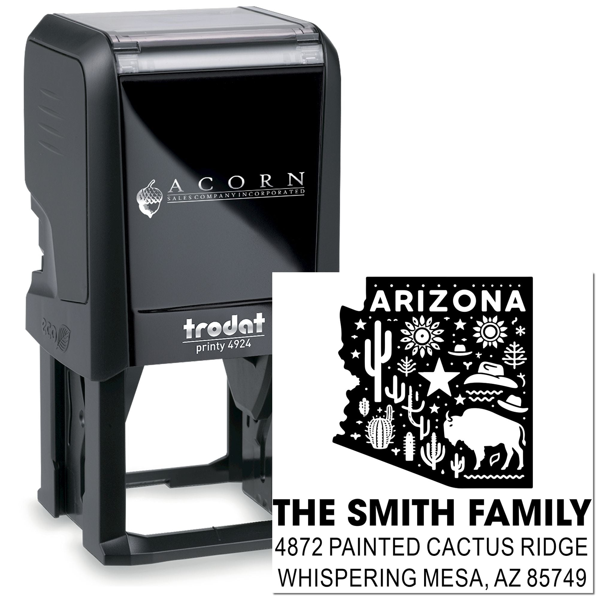Custom self-inking rubber stamp with Arizona family address design, Trodat Printy 4924 custom address stamp