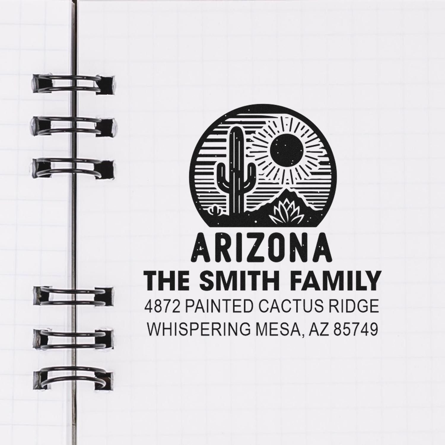 Custom Arizona family address rubber stamp with cactus and sun design for The Smith Family, Whispering Mesa, AZ 85749