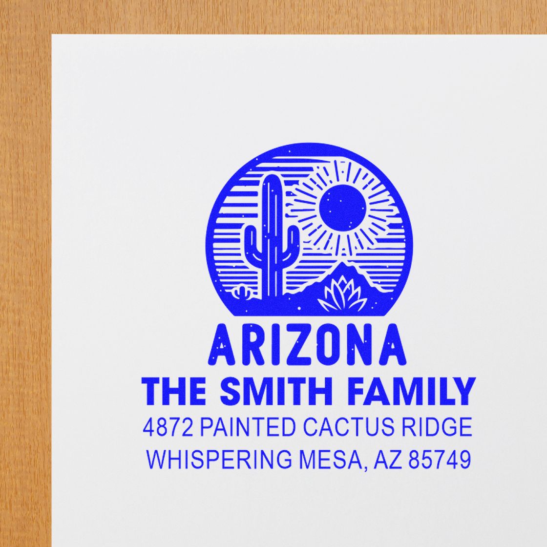 Arizona family return address rubber stamp design for The Smith Family, with cactus logo and Whispering Mesa, AZ 85749.