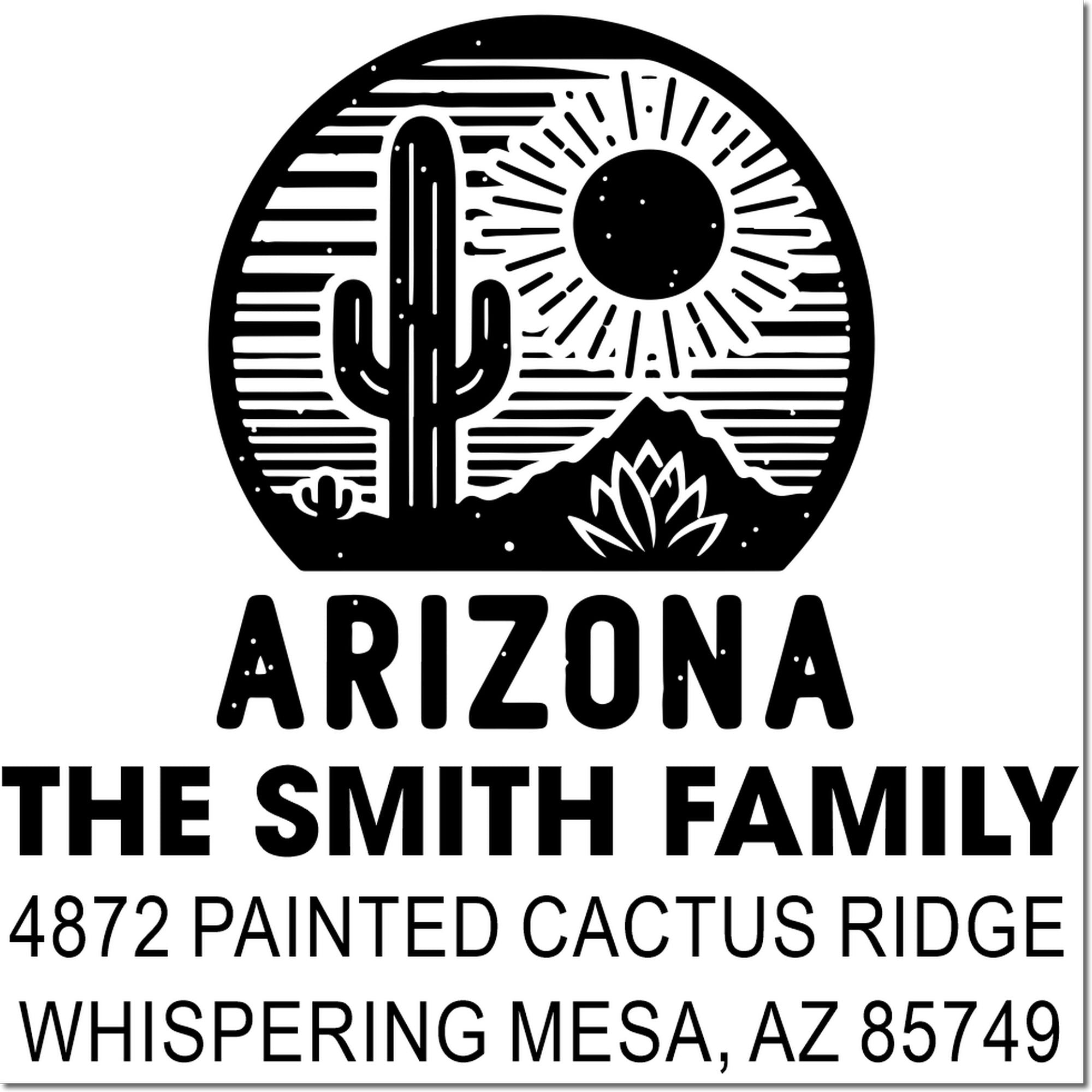 Custom Arizona return address rubber stamp for The Smith Family with cactus desert design and Whispering Mesa address.