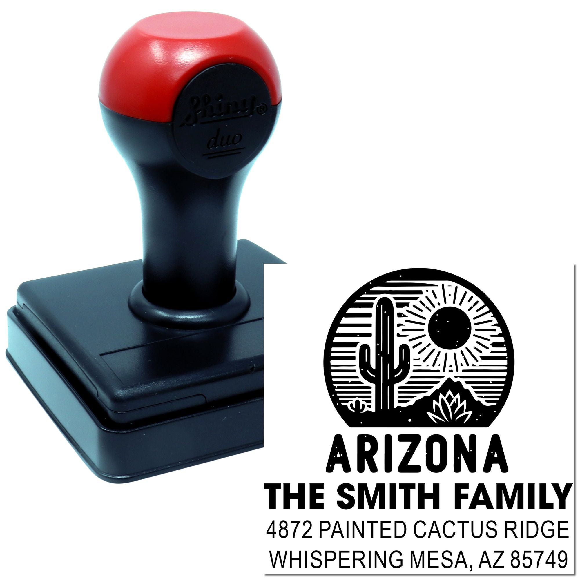 Self-inking custom return address rubber stamp with Arizona cactus design for personalized envelopes and mailing labels.