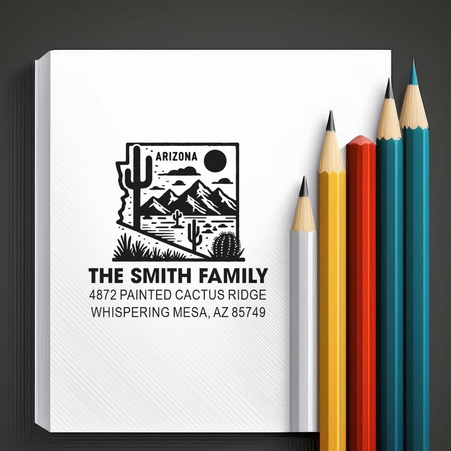 Personalized Arizona return address rubber stamp for The Smith Family, featuring a cactus and mountain design.