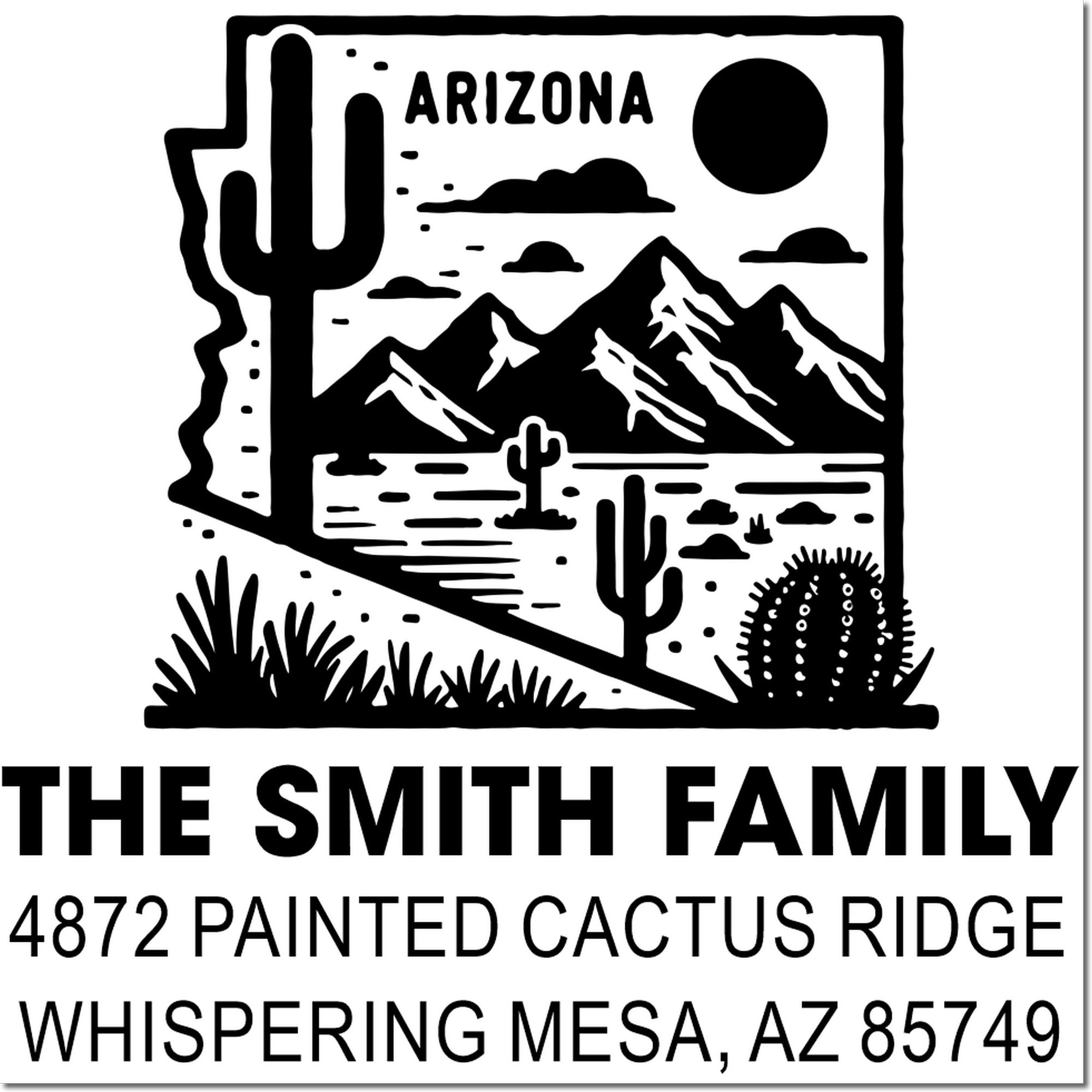 Custom Arizona address rubber stamp for The Smith Family, 4872 Painted Cactus Ridge, Whispering Mesa, AZ 85749.