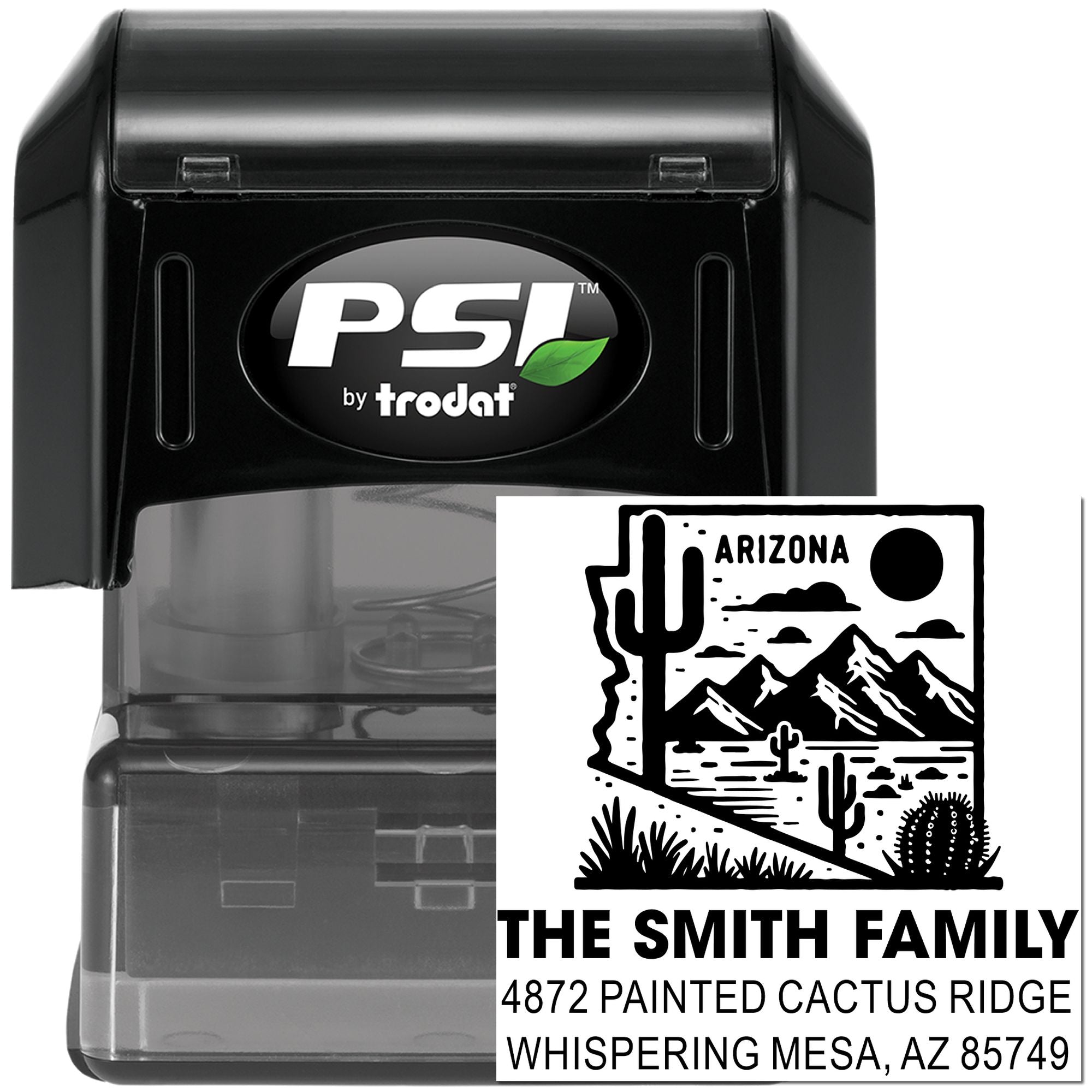 Custom Arizona return address rubber stamp with cactus design for the Smith family, Whispering Mesa, AZ mailing envelopes.