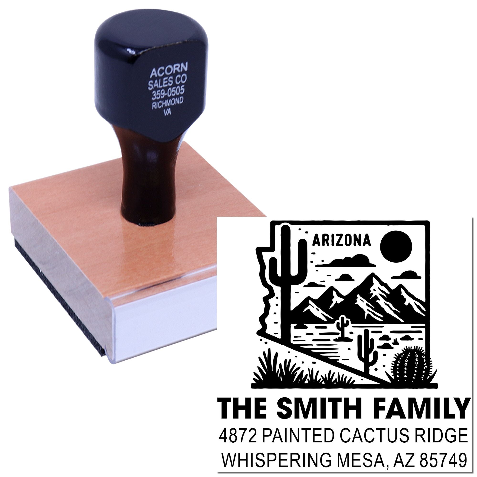 Custom Arizona return address rubber stamp with desert-themed family mailing imprint