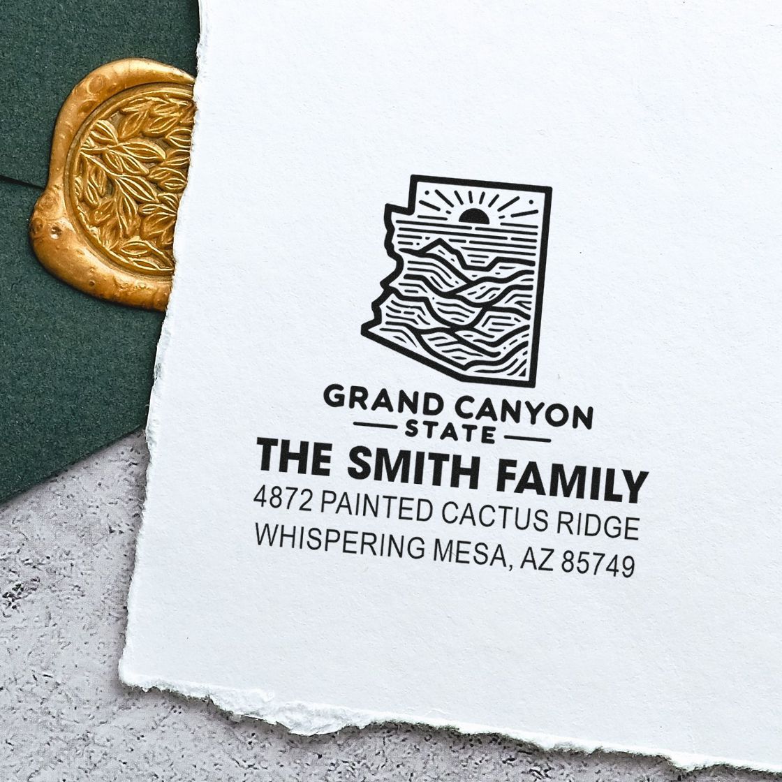 Personalized family return address rubber stamp with Grand Canyon State design for The Smith Family in Whispering Mesa, AZ.