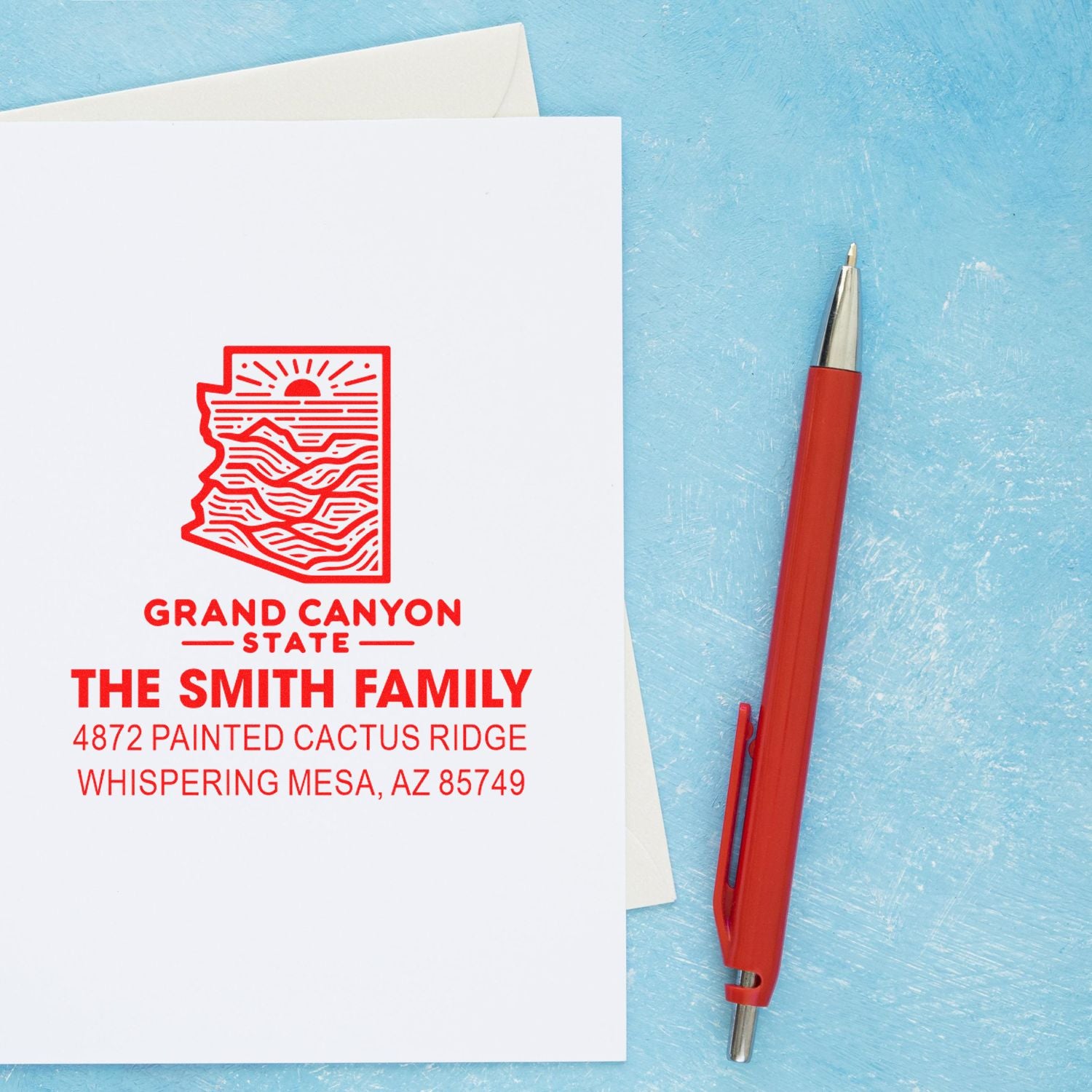 Custom return address rubber stamp with Grand Canyon State design for the Smith family, featuring Arizona home address.