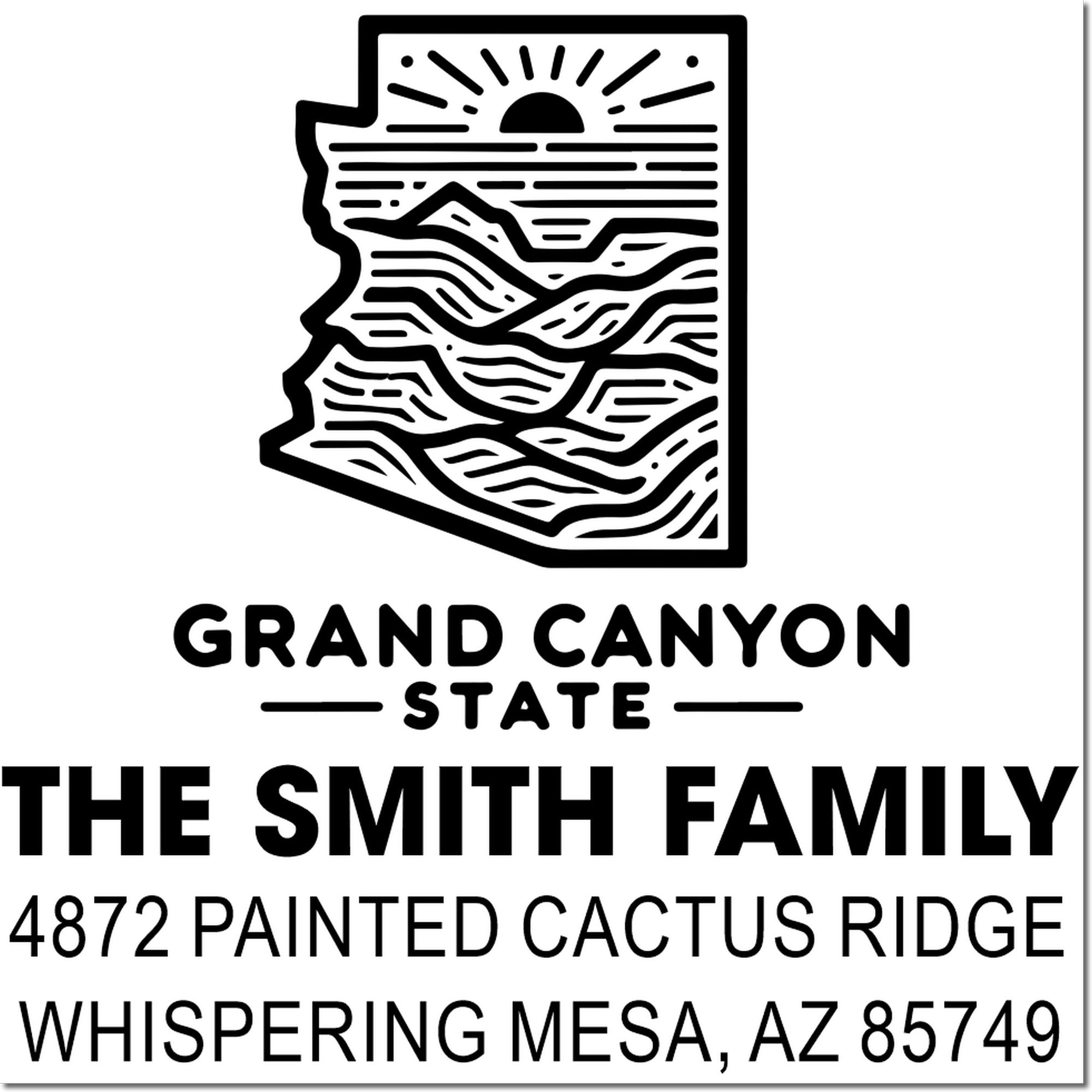 Custom Arizona return address rubber stamp for The Smith Family, Whispering Mesa, AZ 85749, with Grand Canyon State design.