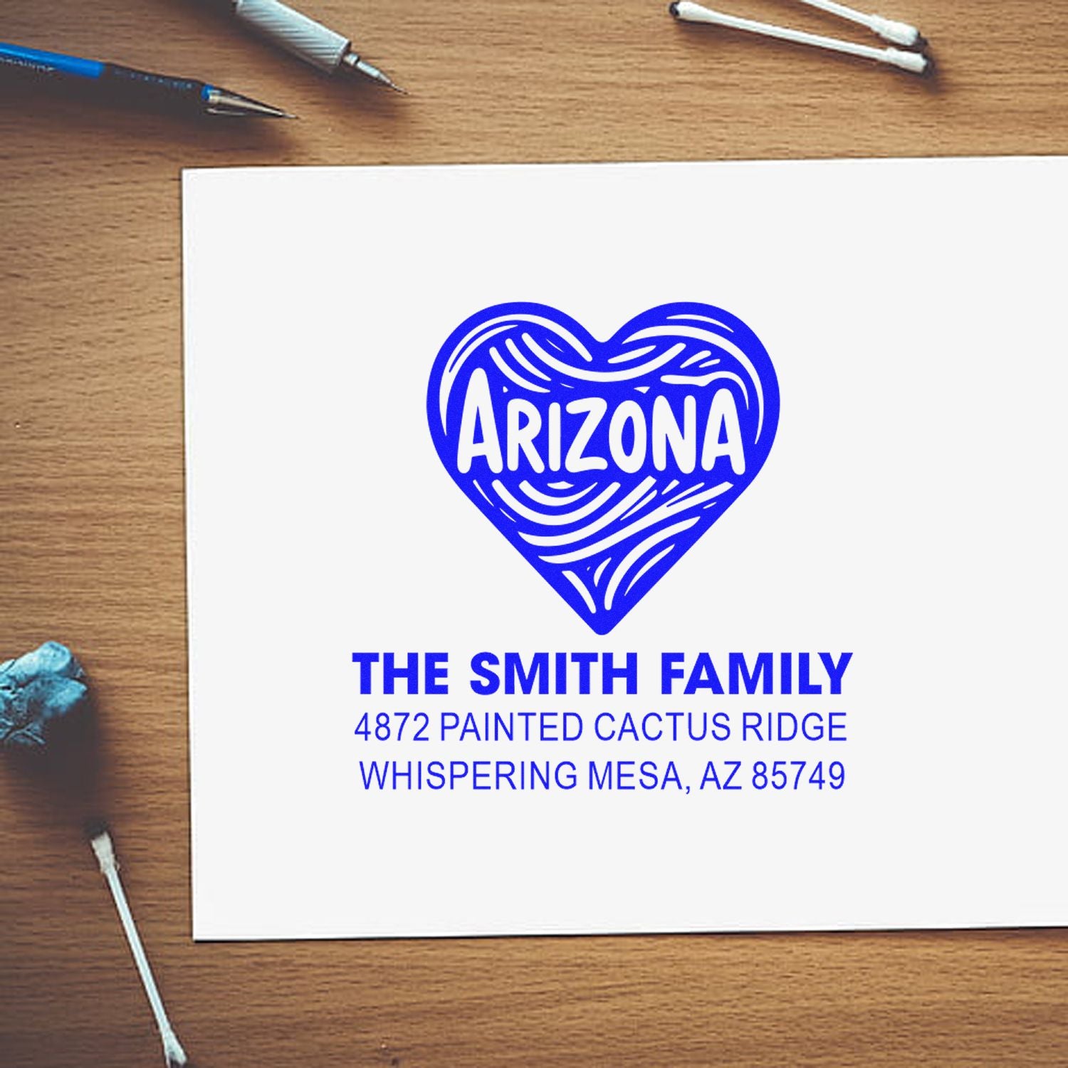 Custom Arizona family return address rubber stamp with heart design and personalized mailing address.