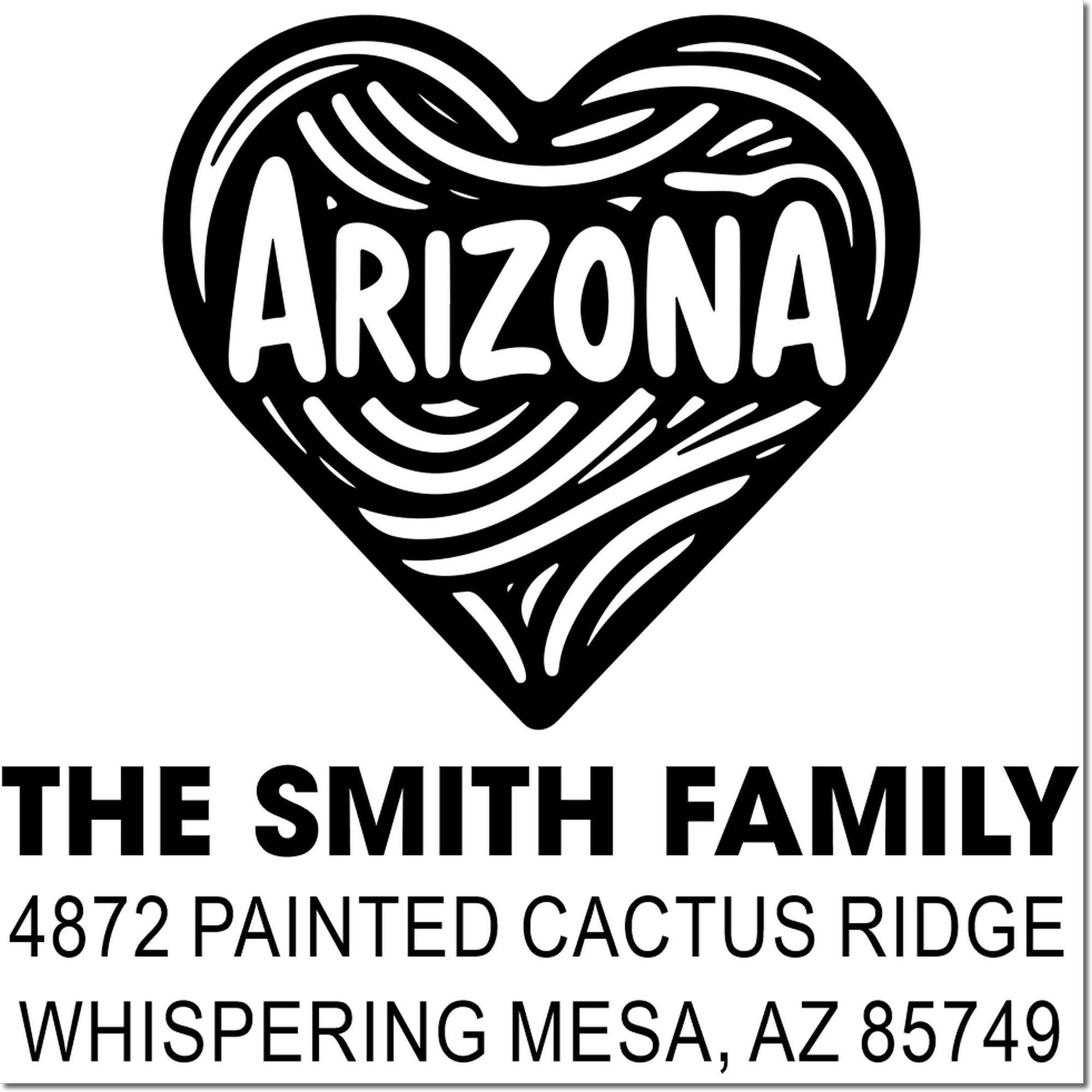 Custom Arizona return address rubber stamp with heart design for The Smith Family, Whispering Mesa, AZ 85749.