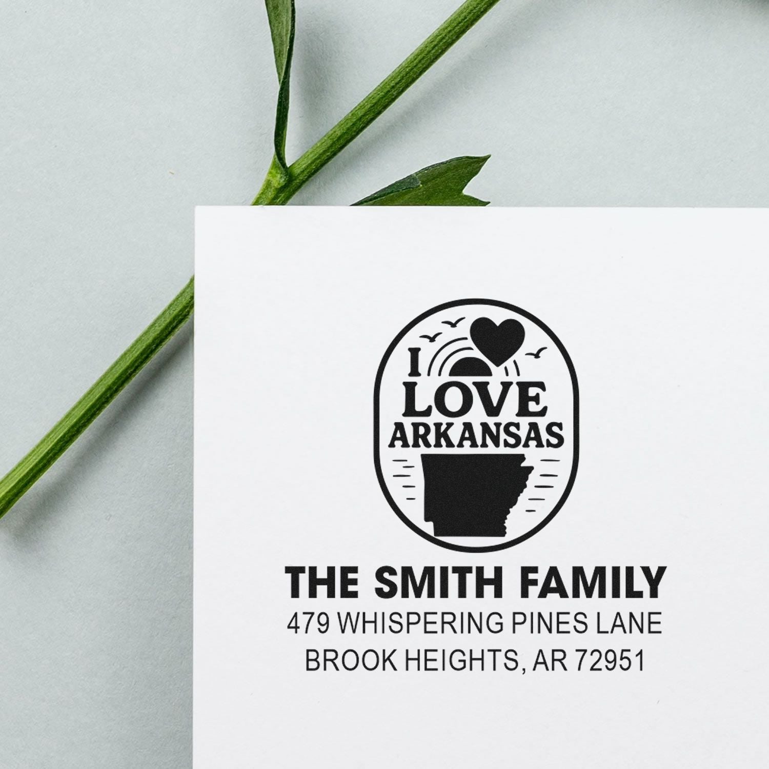 Custom I Love Arkansas return address rubber stamp for The Smith Family in Brook Heights, AR.