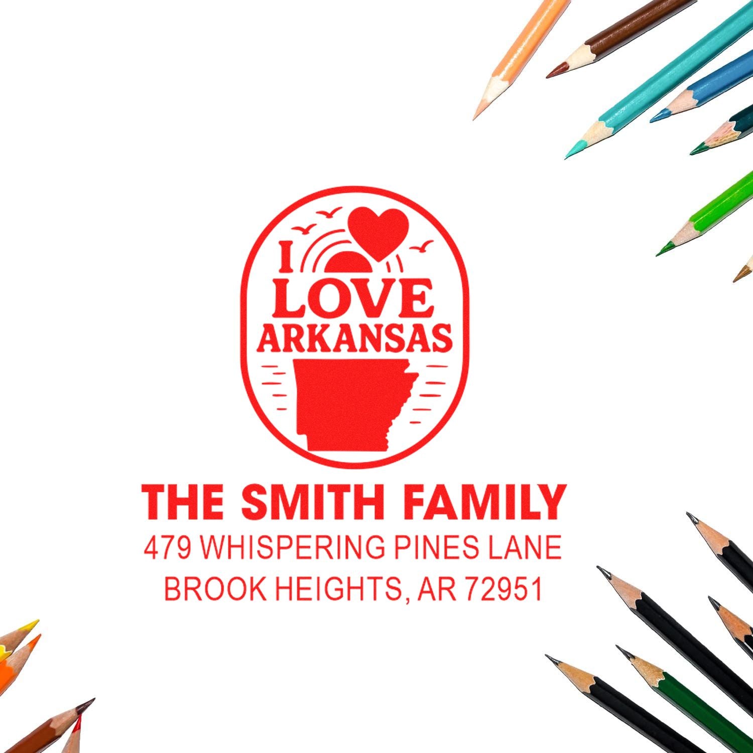 Custom Arkansas return address rubber stamp for The Smith Family, Brook Heights, AR, with I Love Arkansas design.