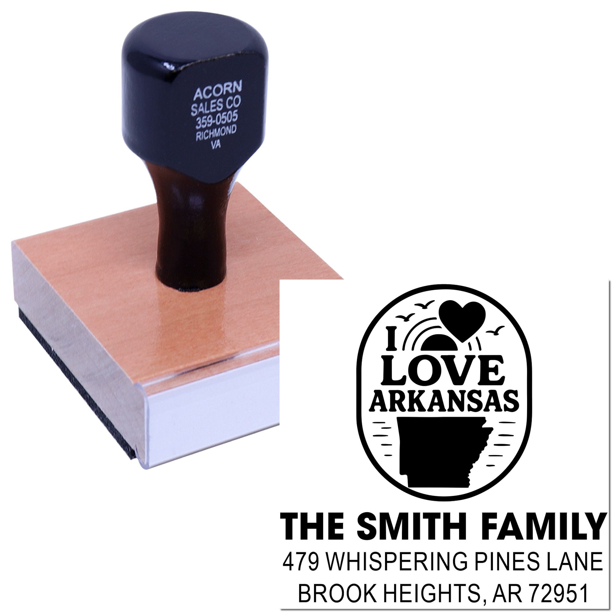 Personalized rubber return address stamp with I Love Arkansas design for The Smith Family.