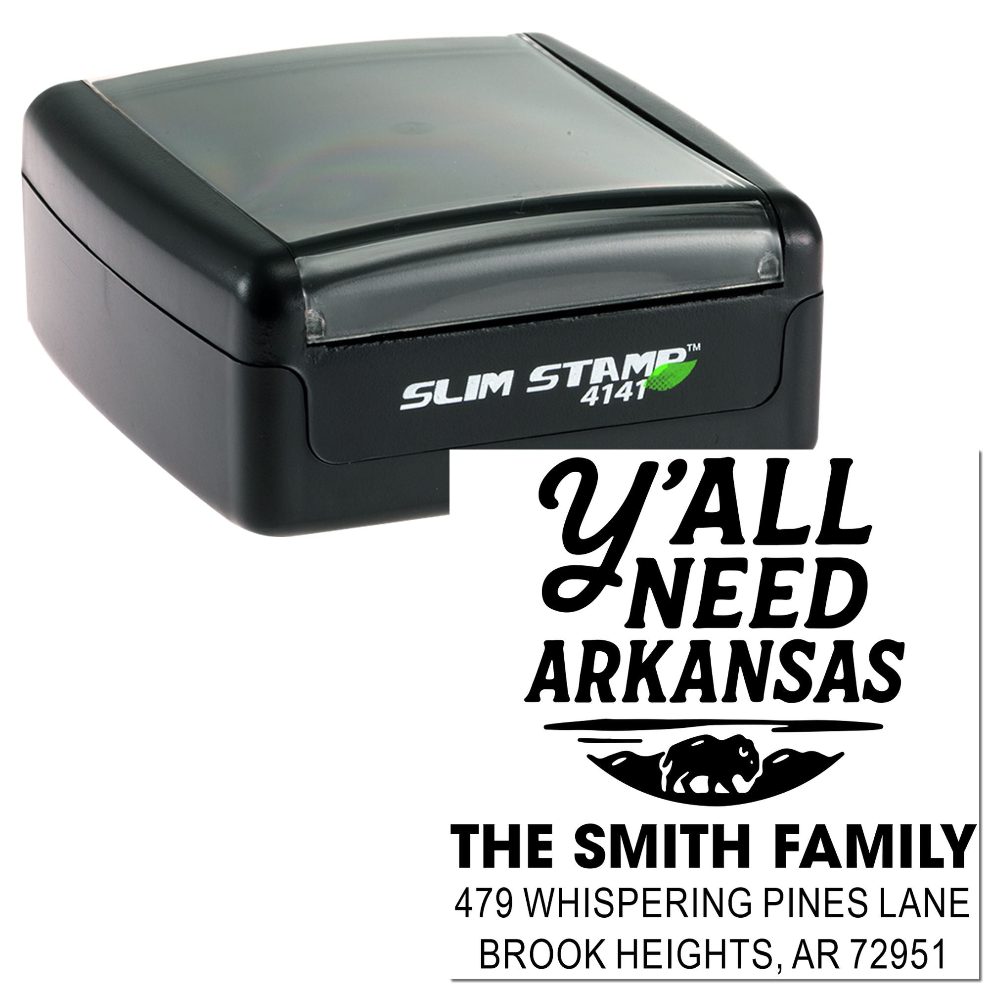 Personalized Arkansas return address rubber stamp with Yall Need Arkansas design for The Smith Family.
