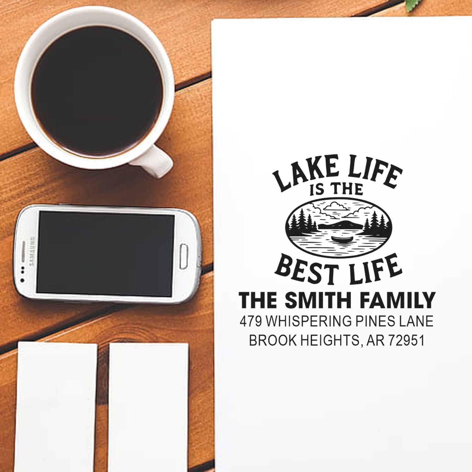 Personalized family return address rubber stamp with Lake Life is the Best Life design and Smith family address.
