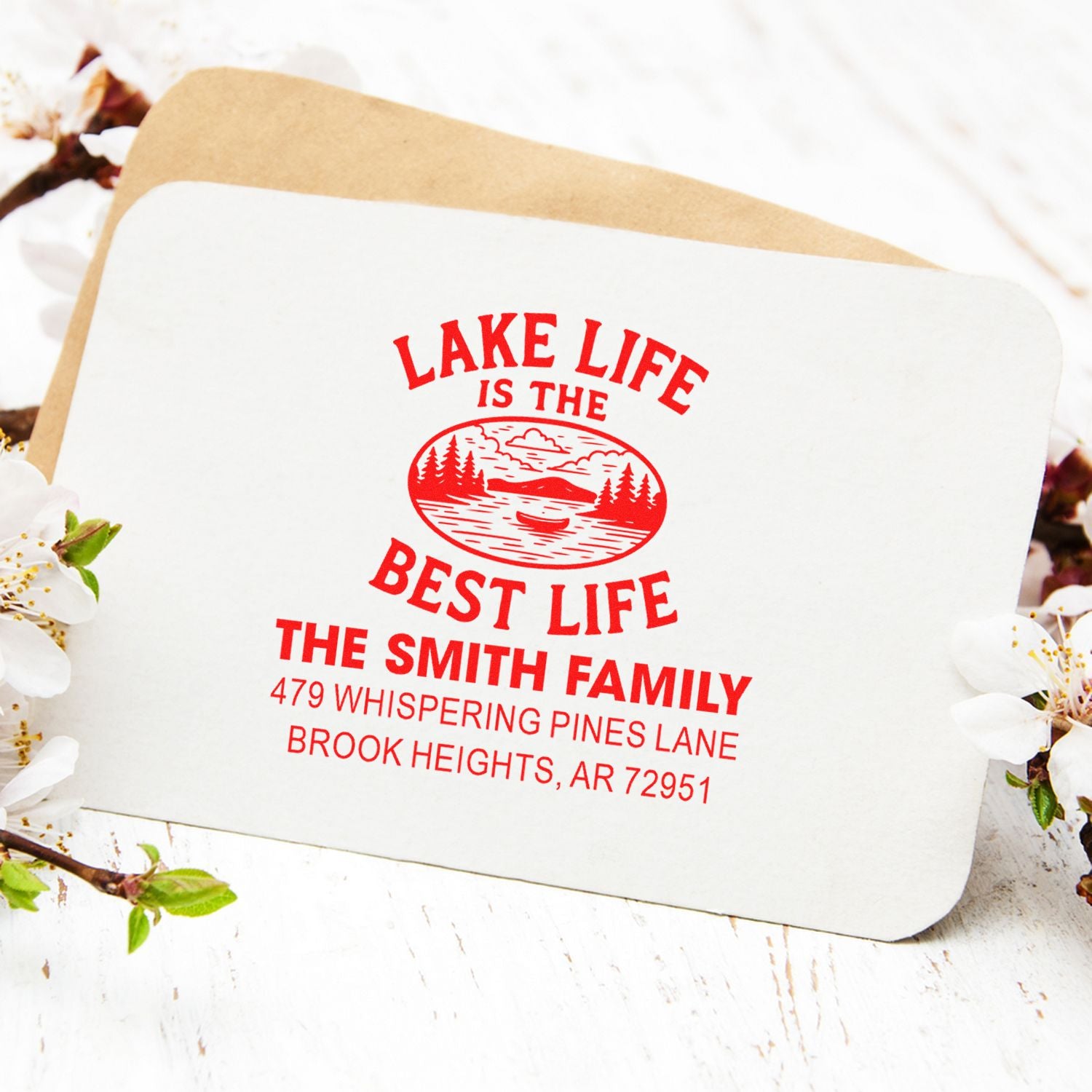 Custom lake life return address rubber stamp for The Smith Family, featuring a scenic cabin and lake design.