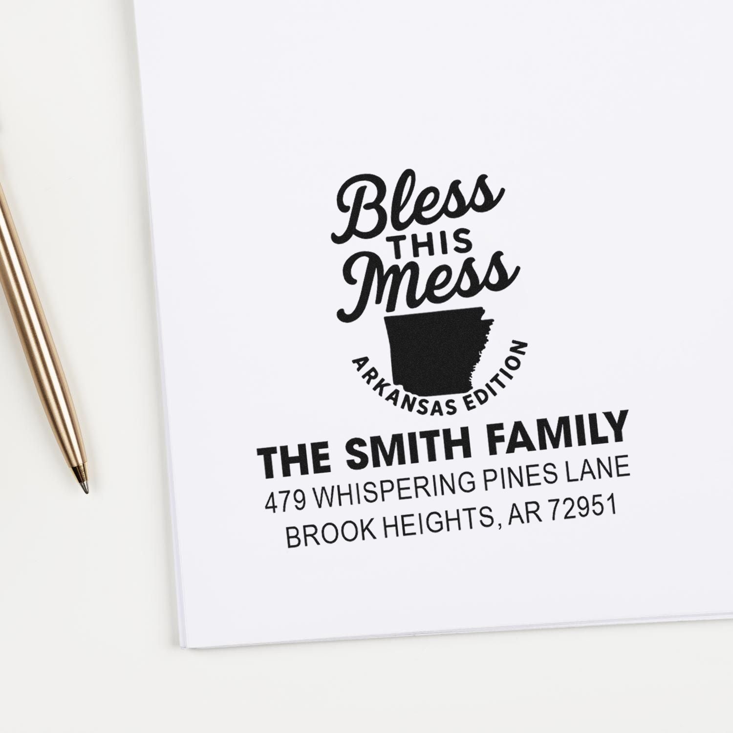 Custom family address rubber stamp with Bless This Mess Arkansas edition design for personalized mailing labels.