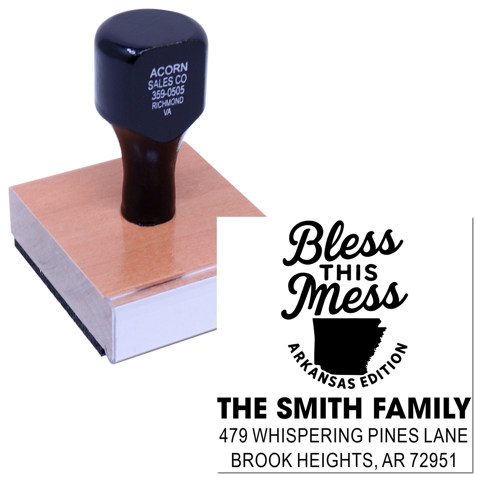 Custom address rubber stamp with Bless This Mess Arkansas Edition and The Smith Family mailing design.