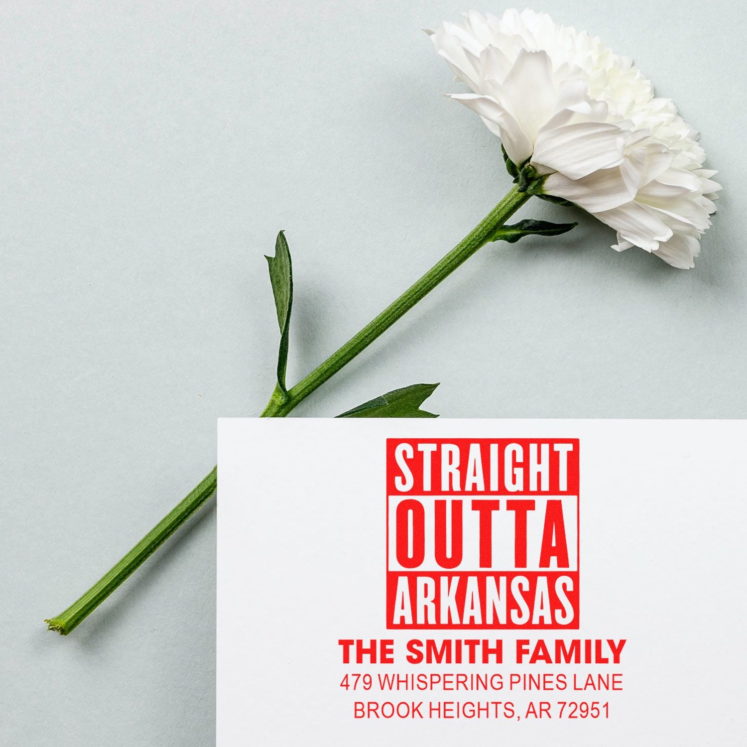 Personalized rubber return address stamp with Straight Outta Arkansas design for The Smith Family.