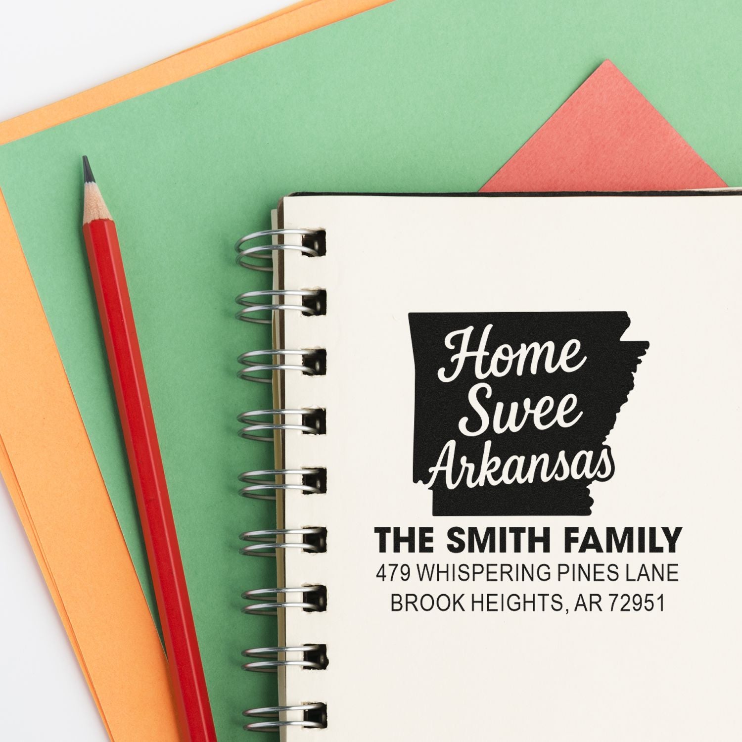 Custom Arkansas return address rubber stamp with Home Sweet Arkansas design for The Smith Family.