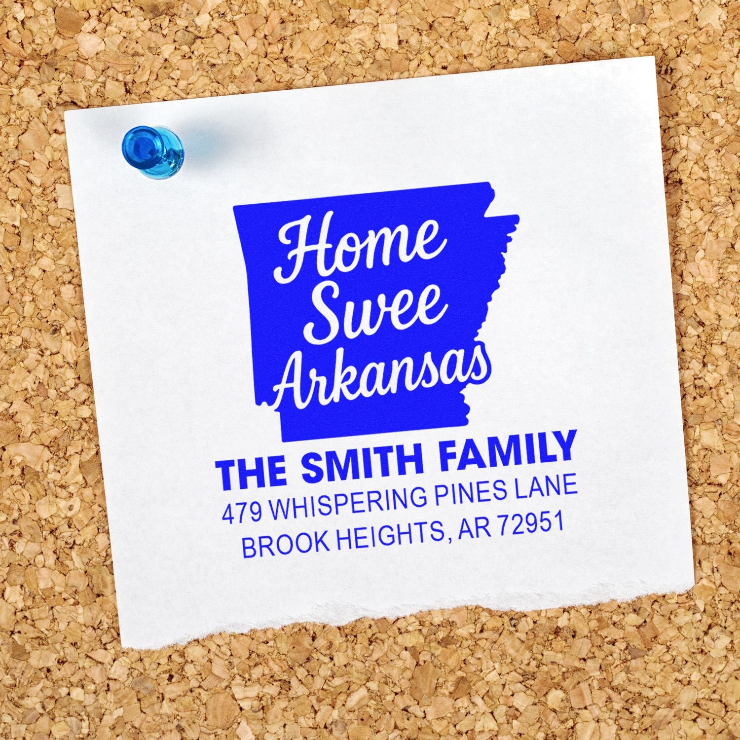 Custom Arkansas return address rubber stamp featuring Home Sweet Arkansas, family name, and mailing address.