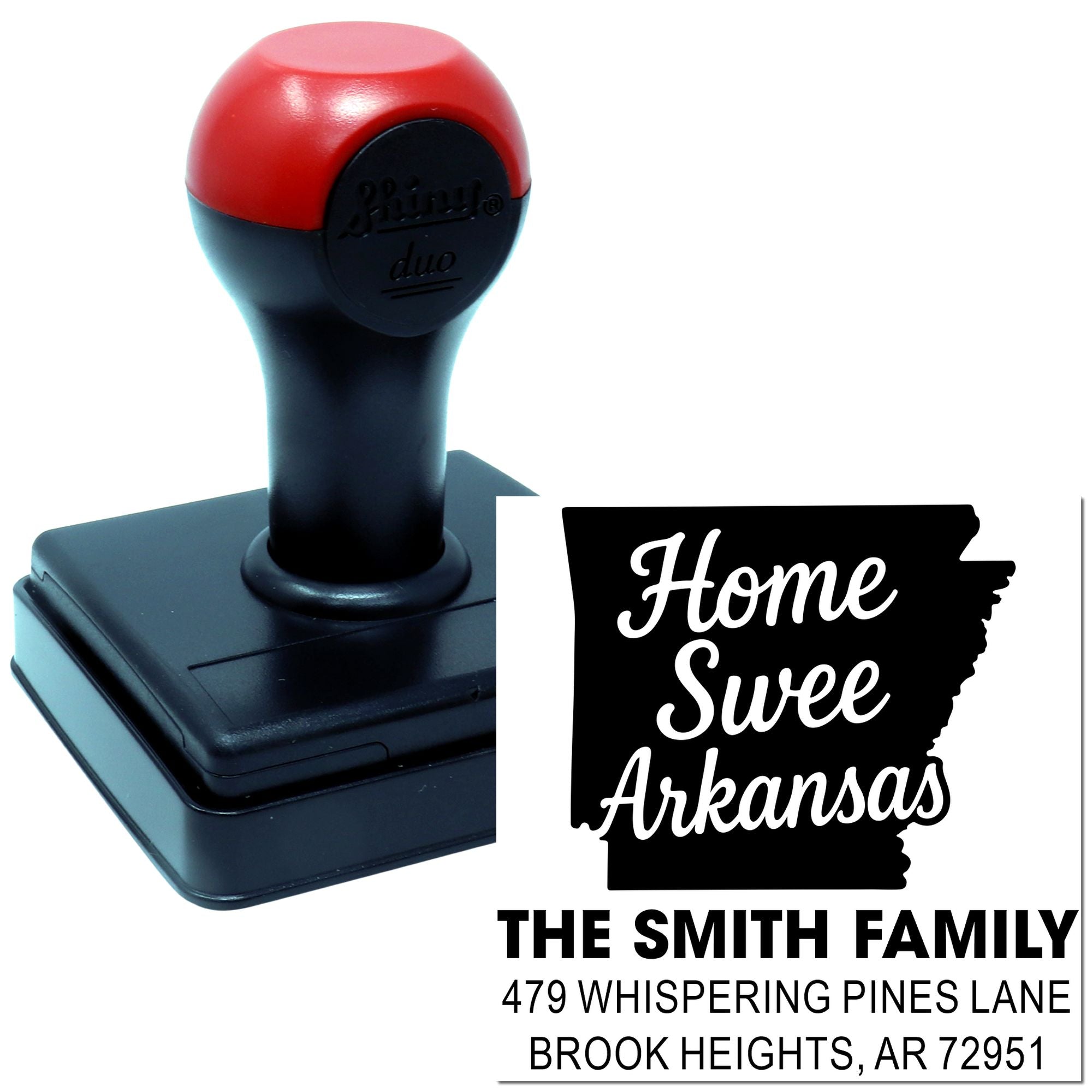 Custom self-inking rubber address stamp with Home Sweet Arkansas design and personalized family return address.