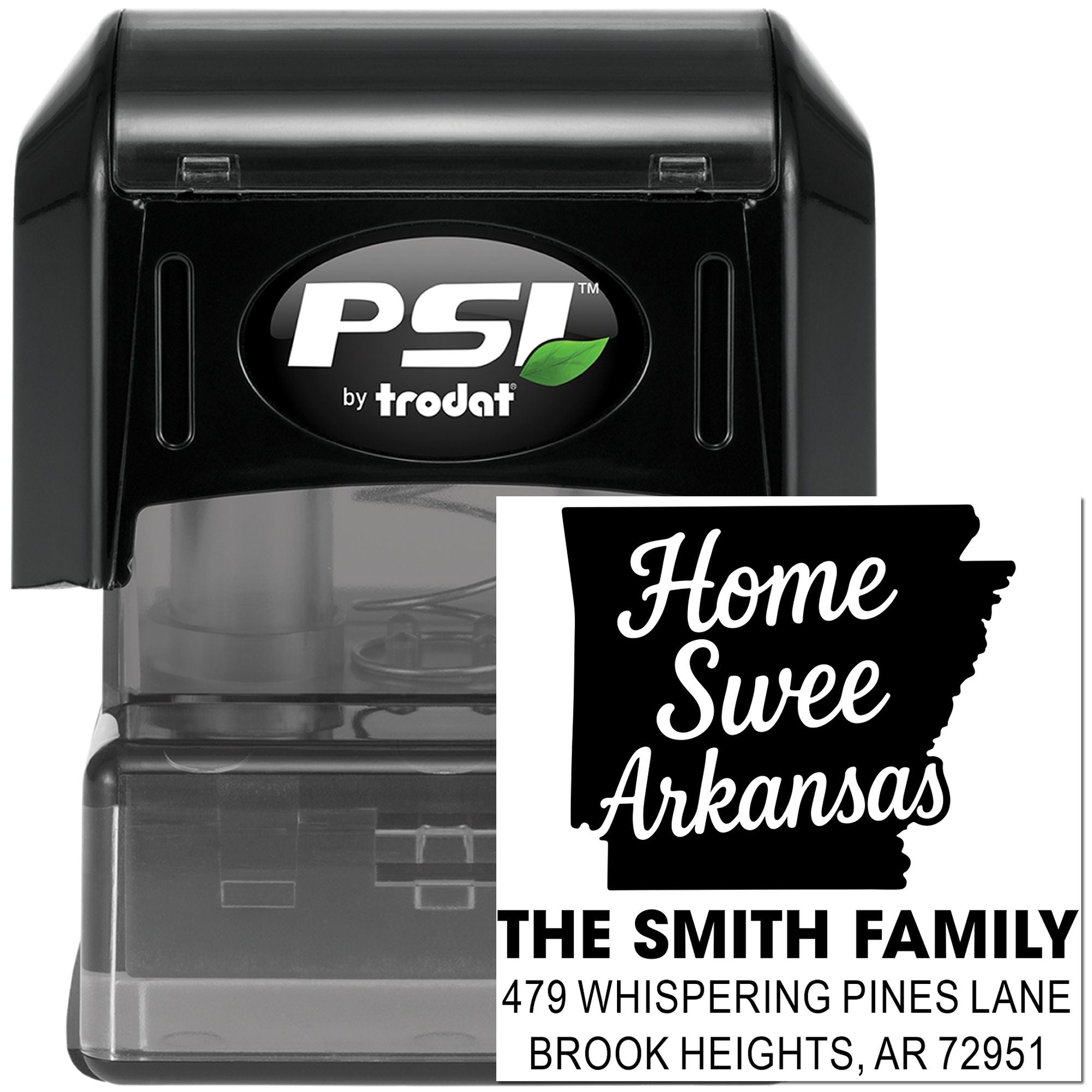Custom self-inking rubber address stamp with Arkansas state design, Home Sweet Arkansas, and Smith family mailing details.