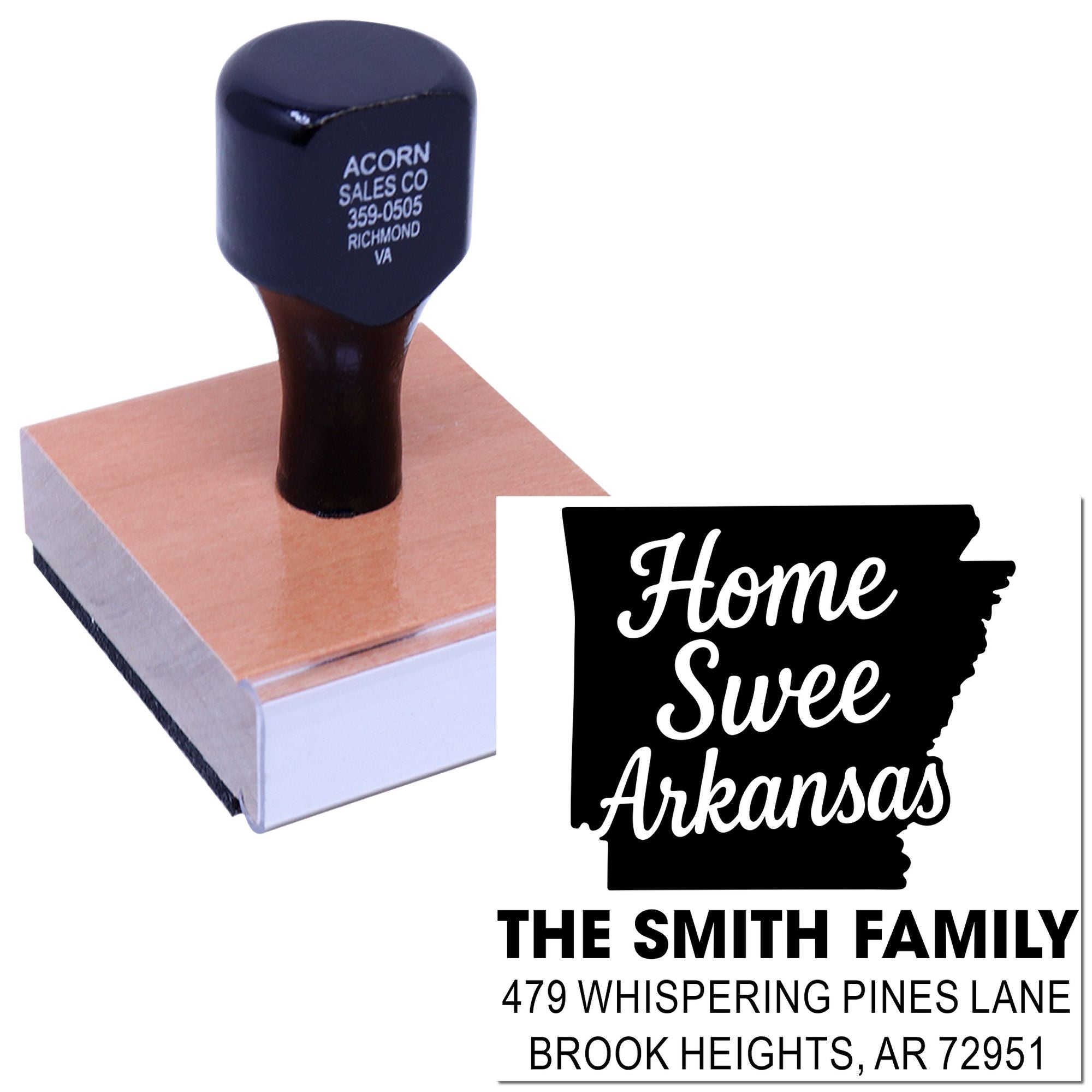 Custom return address rubber stamp with Home Sweet Arkansas design for The Smith Family, Brook Heights, AR 72951