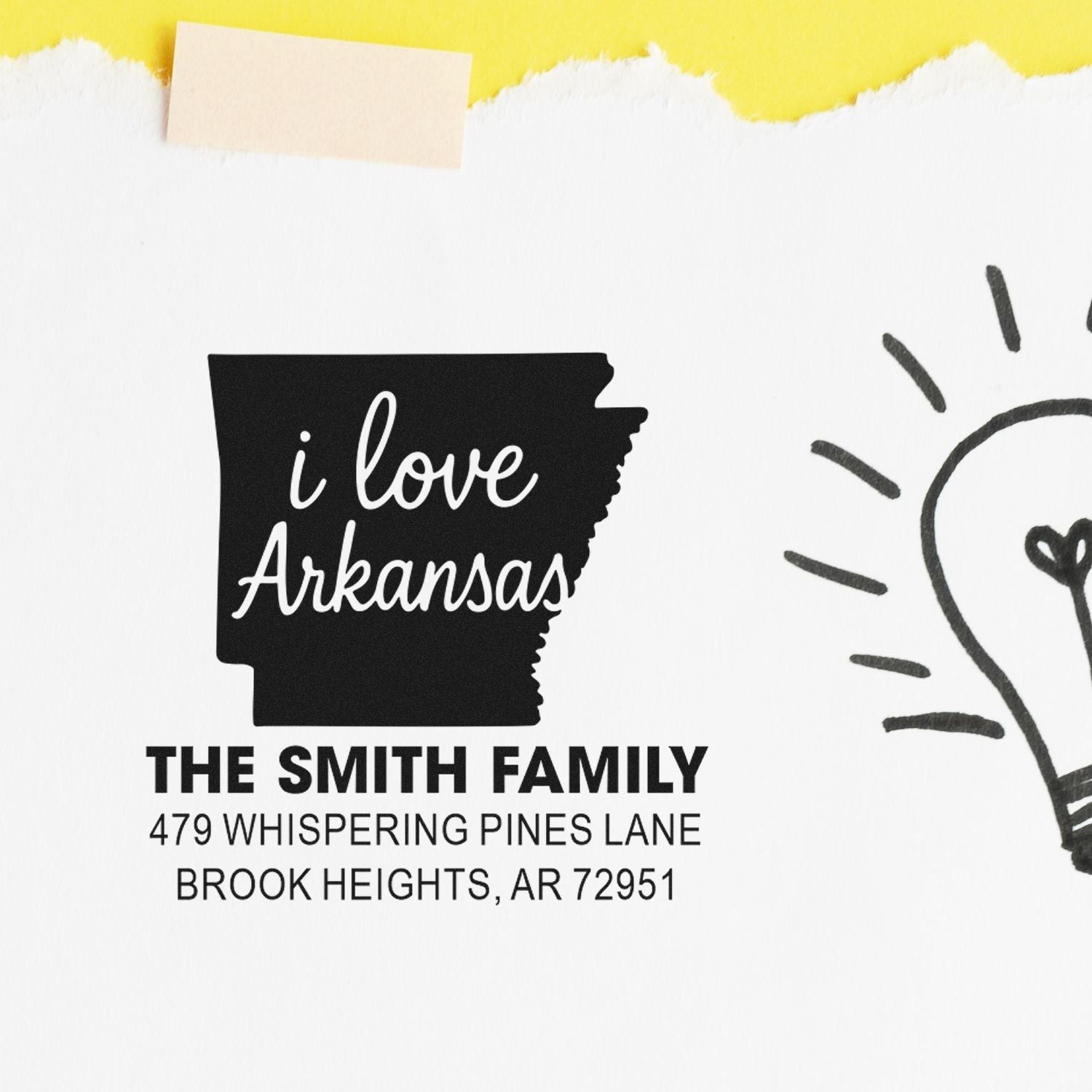 Custom Arkansas return address rubber stamp with family name and address, featuring an I love Arkansas design.