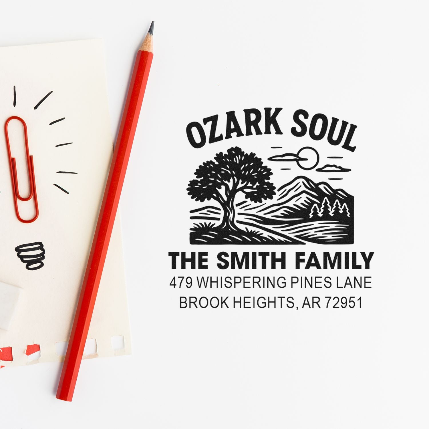 Custom family return address rubber stamp with Ozark Soul mountain and tree design for The Smith Family in Brook Heights, AR.