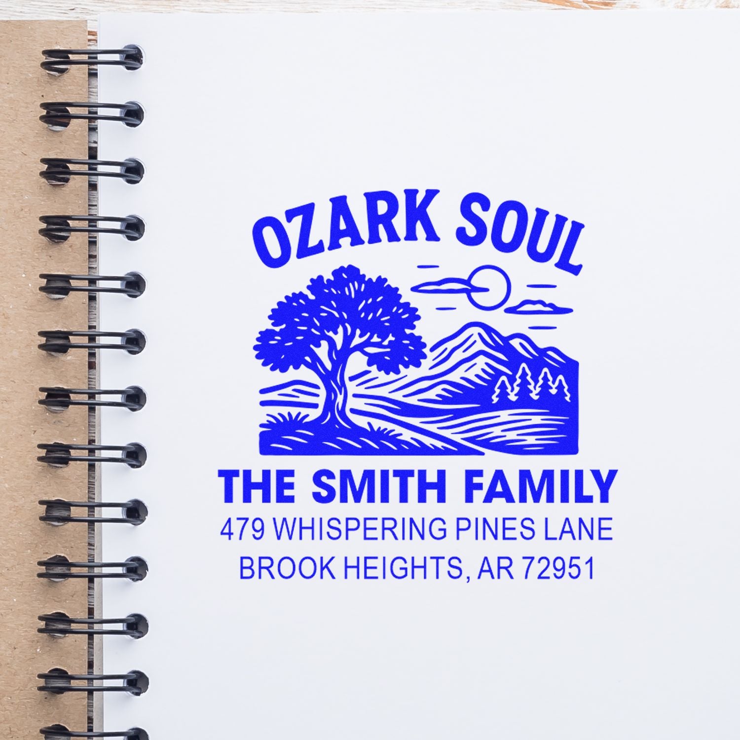 Custom Ozark Soul family return address rubber stamp with mountain and tree logo for The Smith Family, Brook Heights, AR.