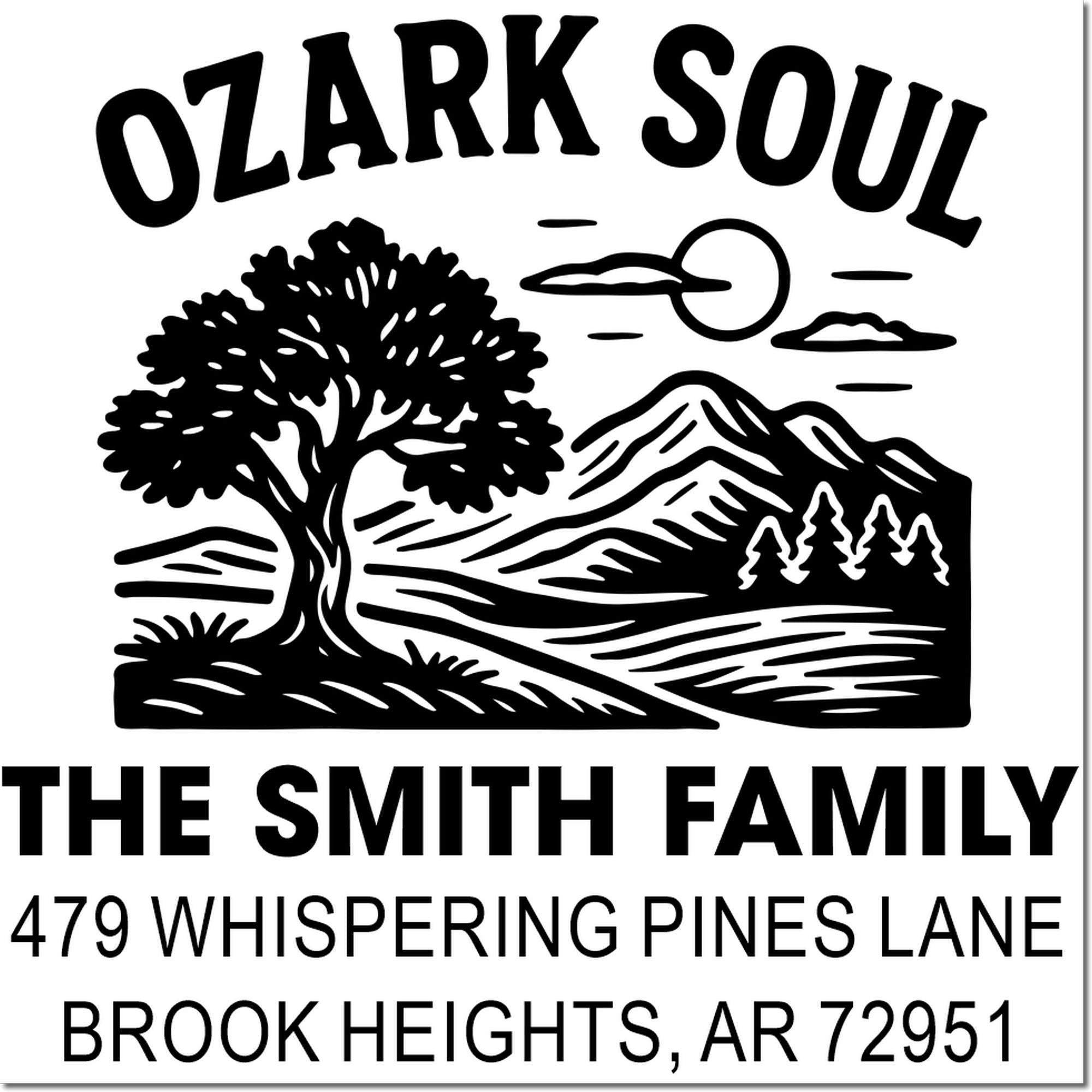 Custom Ozark Soul rubber stamp for The Smith Family, featuring return address and mountain landscape design.