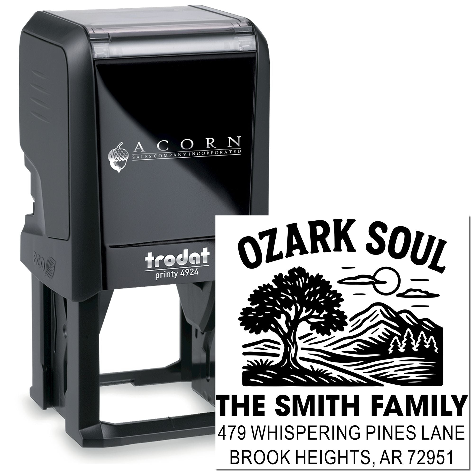 Custom self-inking rubber stamp with Ozark Soul design, Smith family name, and return address for personalized mail.