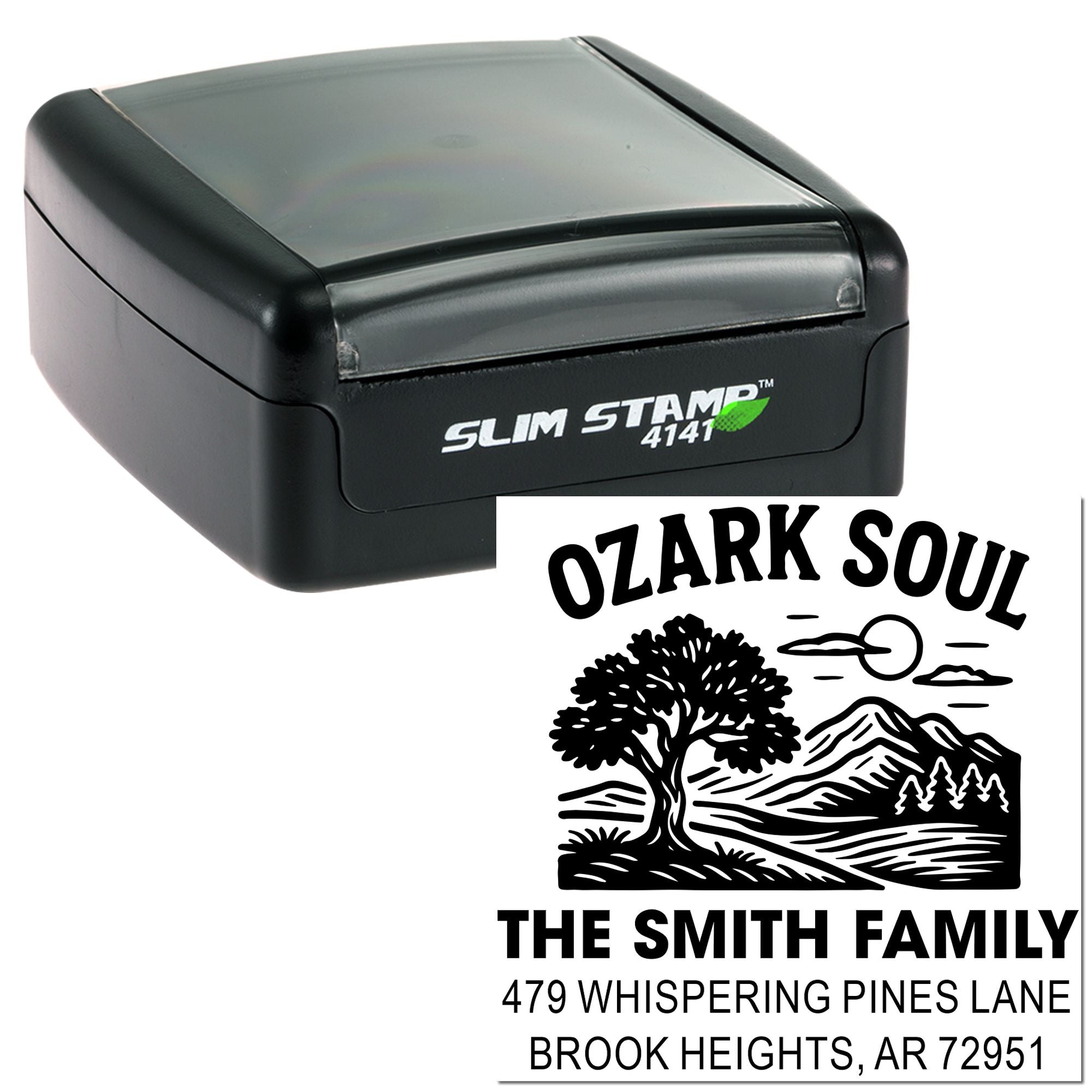 Custom self-inking rubber stamp with Ozark Soul family return address design and mountain tree logo