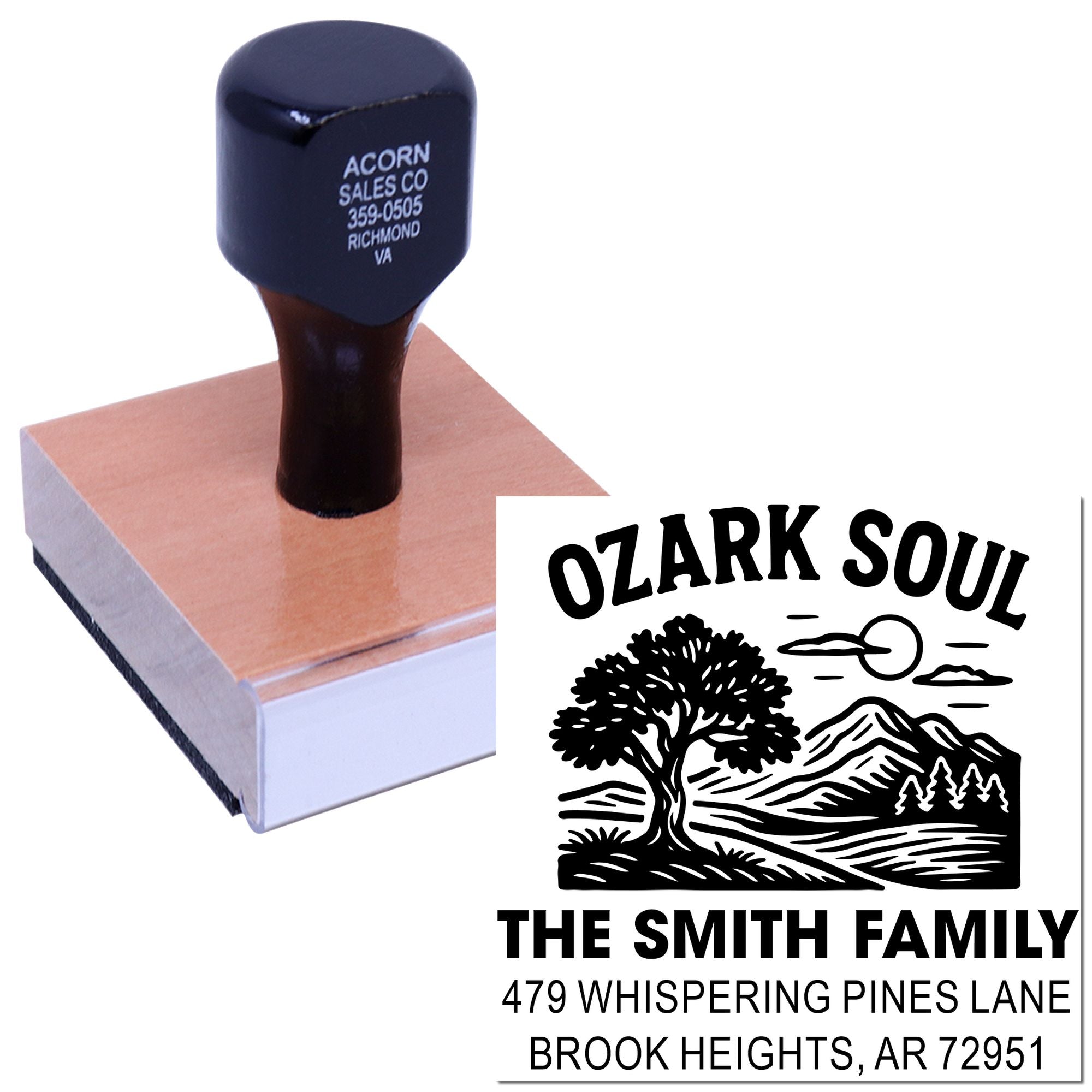 Custom self-inking rubber stamp with Ozark Soul family address design for personalized mailing and home branding.