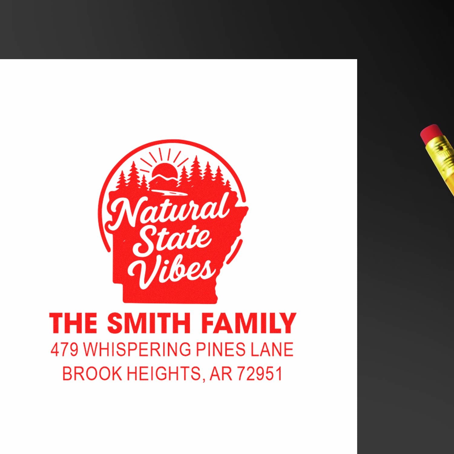 Personalized rubber address stamp for The Smith Family with Natural State Vibes design, Brook Heights, AR return address.