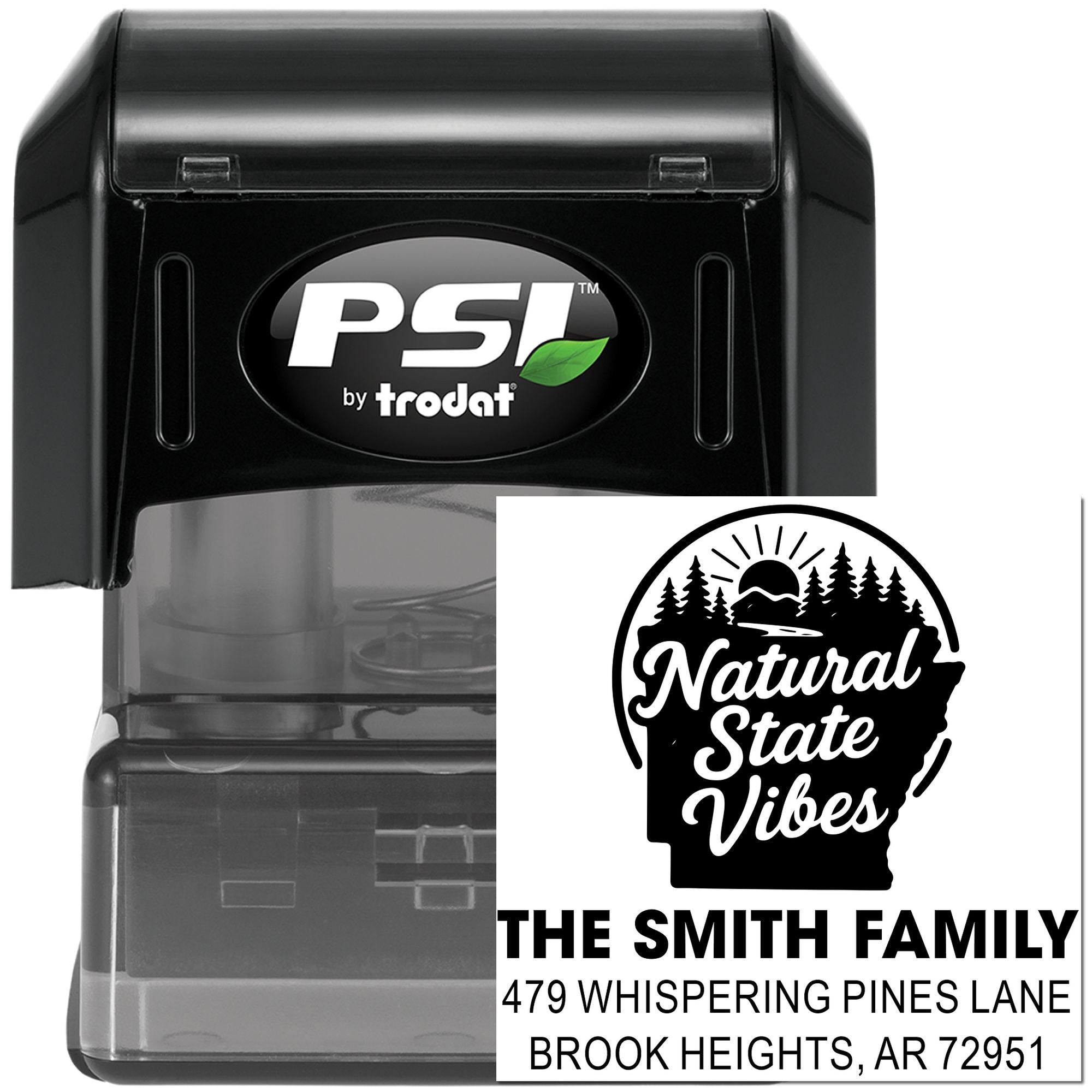 PSI by Trodat self-inking custom address rubber stamp with Natural State Vibes family return address imprint.