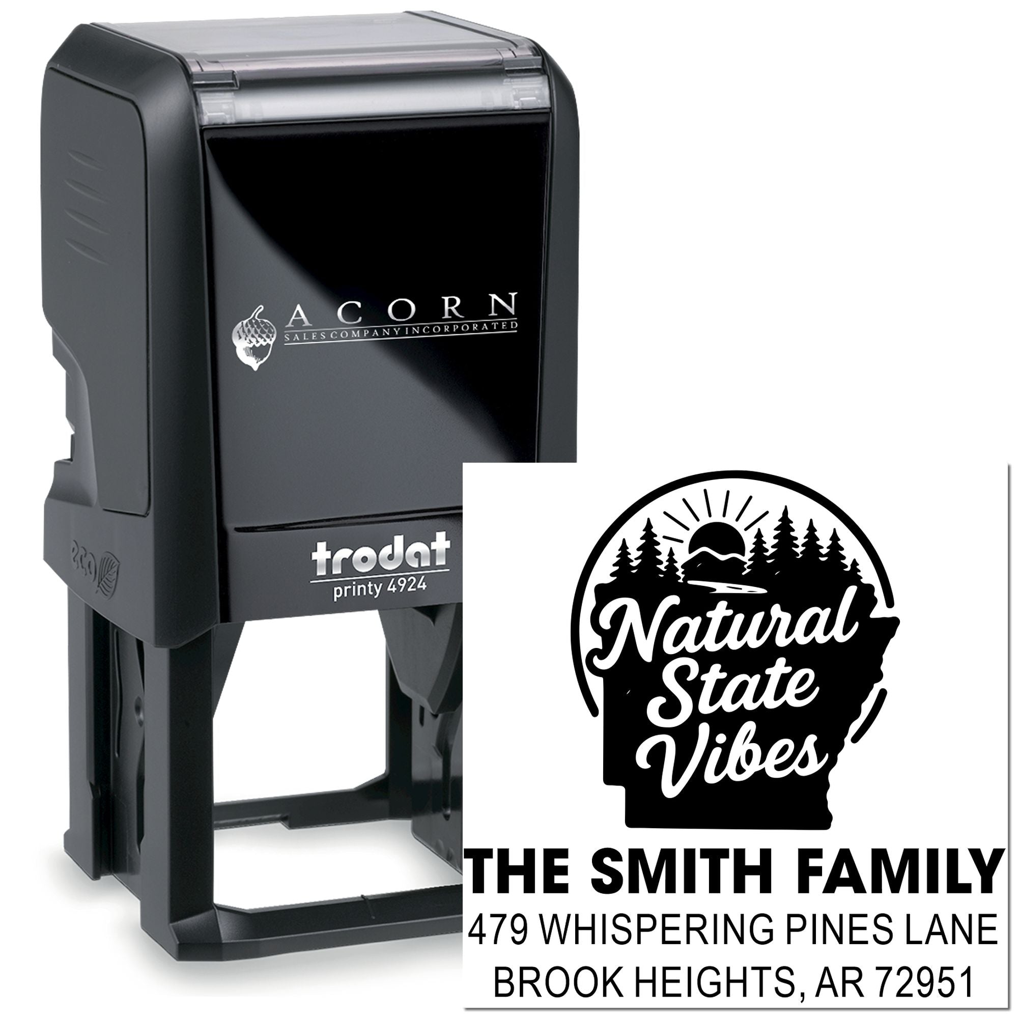 Custom self-inking rubber address stamp with Natural State Vibes design and The Smith Family return address