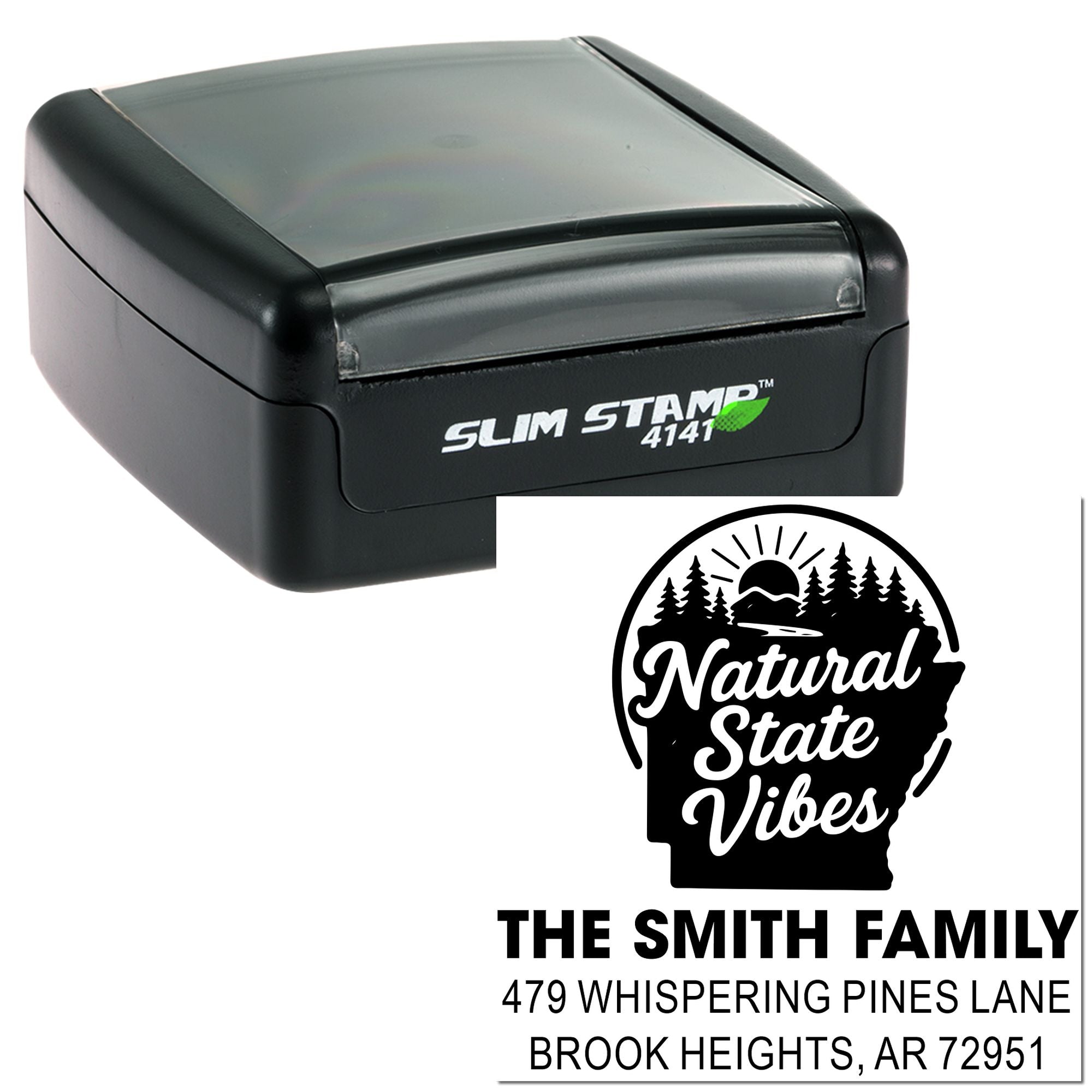 Custom self-inking rubber address stamp with Natural State Vibes design for The Smith Family, Brook Heights, AR.