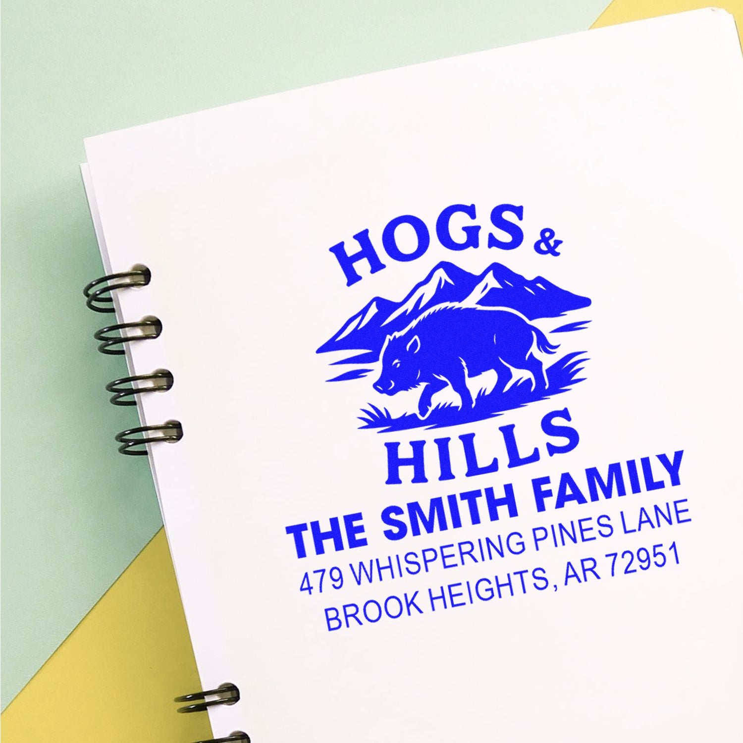 Custom family address rubber stamp with boar and mountain logo for Hogs & Hills, Brook Heights, AR.