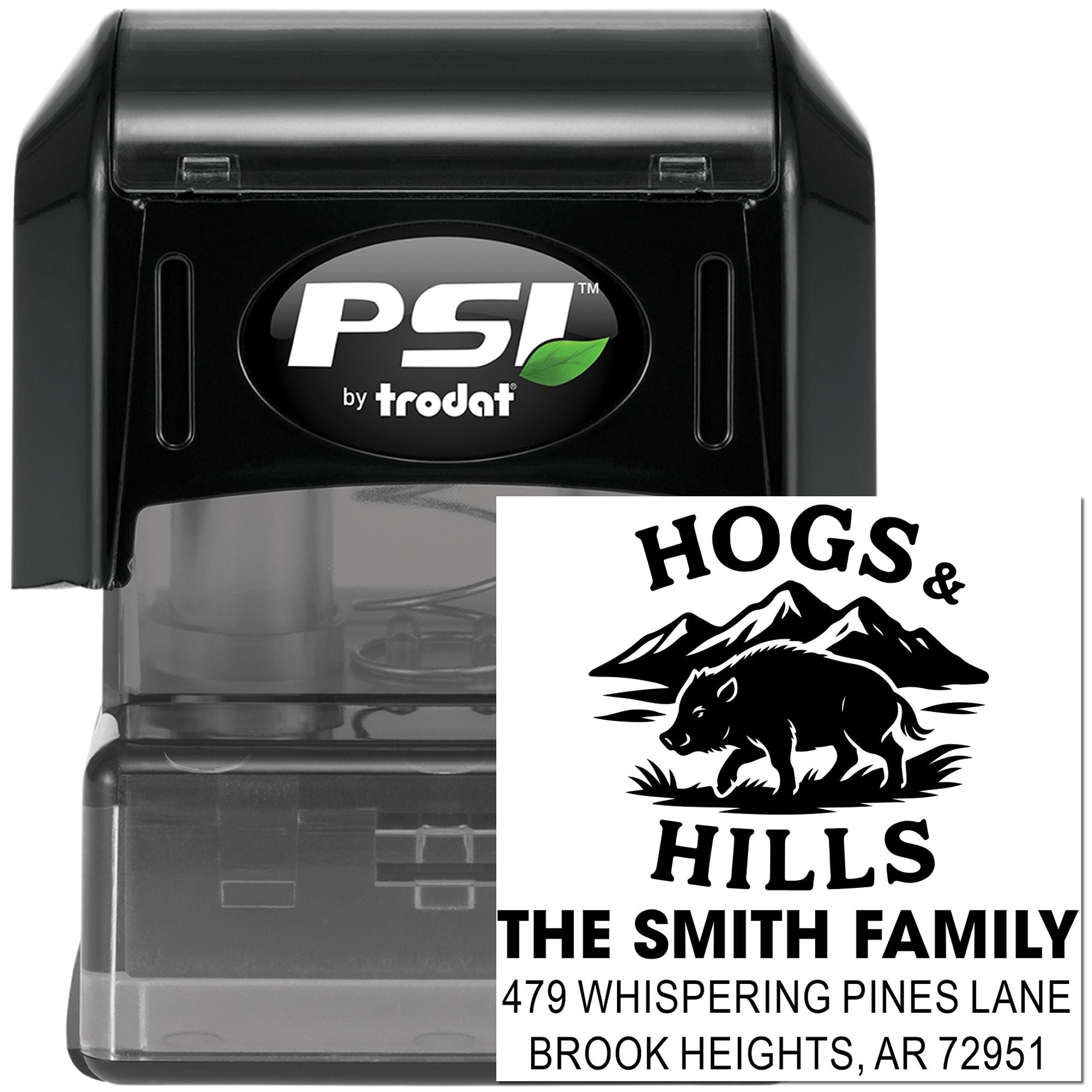 PSI by Trodat custom self-inking rubber stamp with Hogs & Hills family address design for return mailing labels