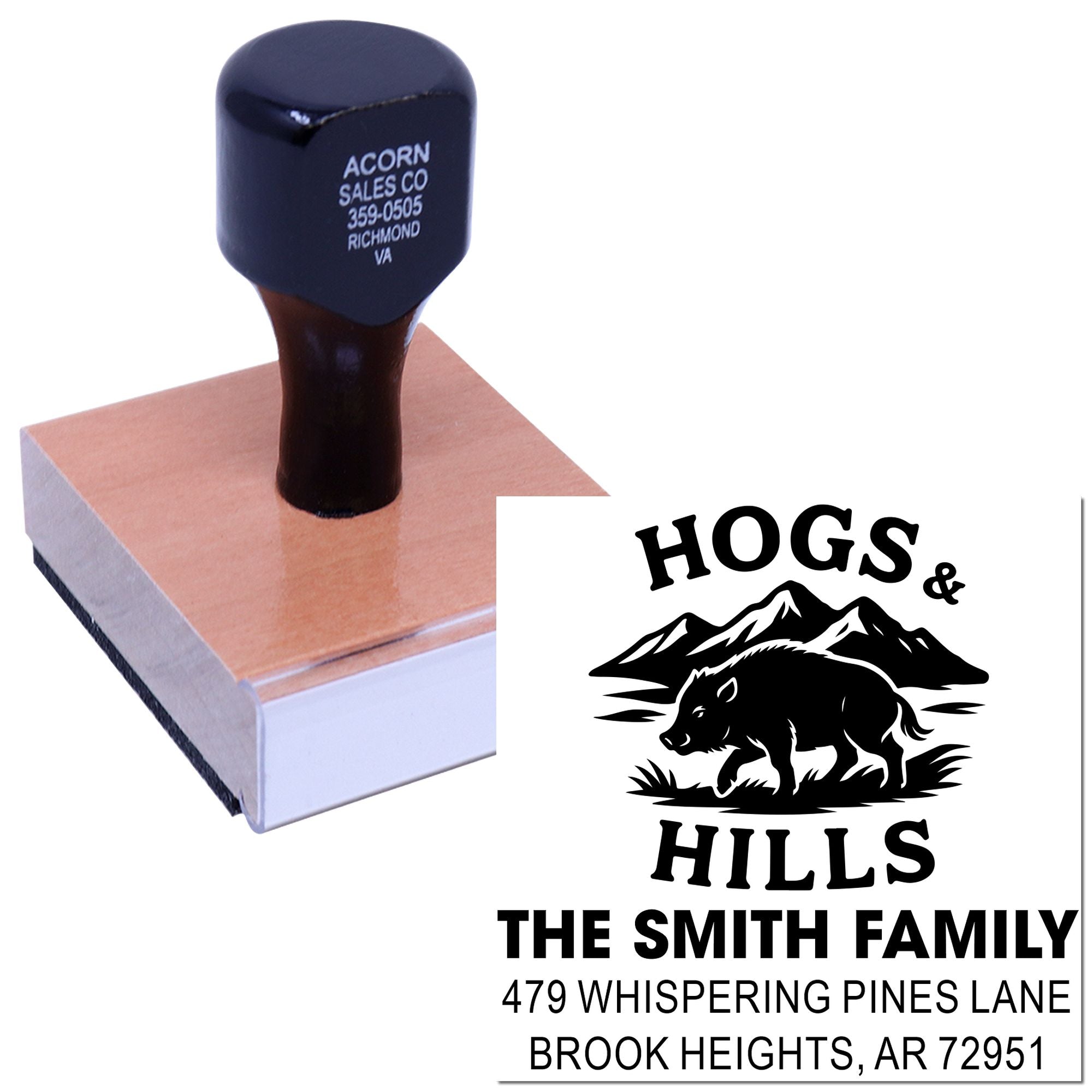 Custom address rubber stamp with hog logo for The Smith Family, ideal for farm branding and personalized mailing.