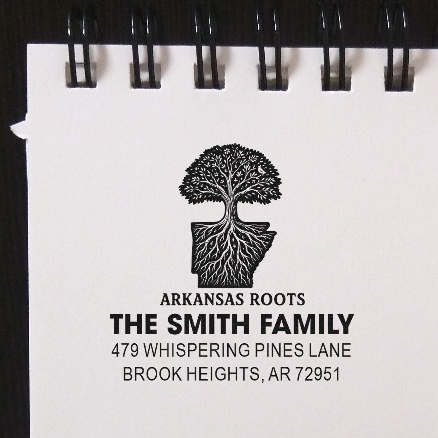 Custom Arkansas Roots return address rubber stamp for The Smith Family, Brook Heights, AR, with tree and roots design.