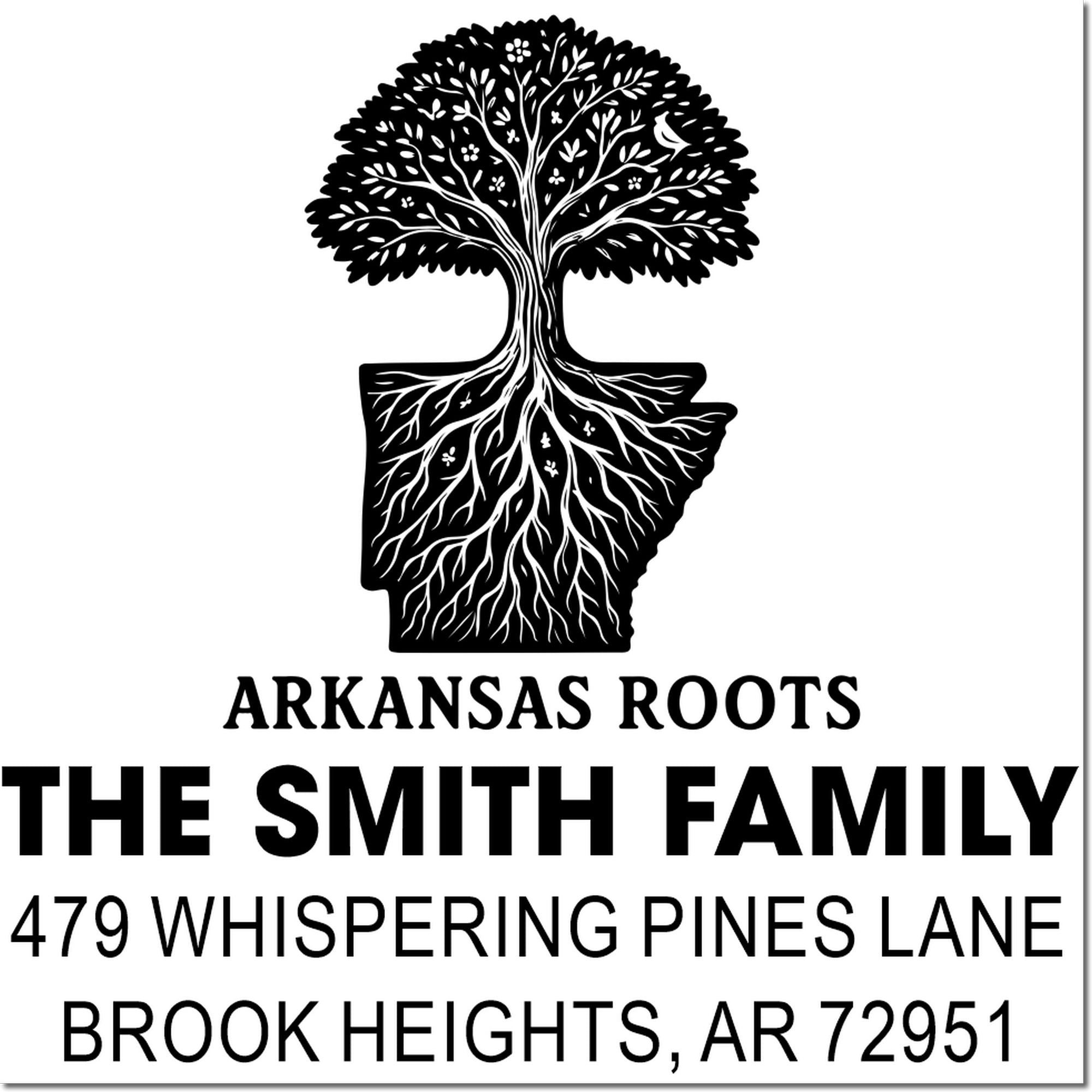 Custom Arkansas Roots rubber stamp for The Smith Family address, featuring tree in Arkansas outline and Brook Heights, AR 72951.