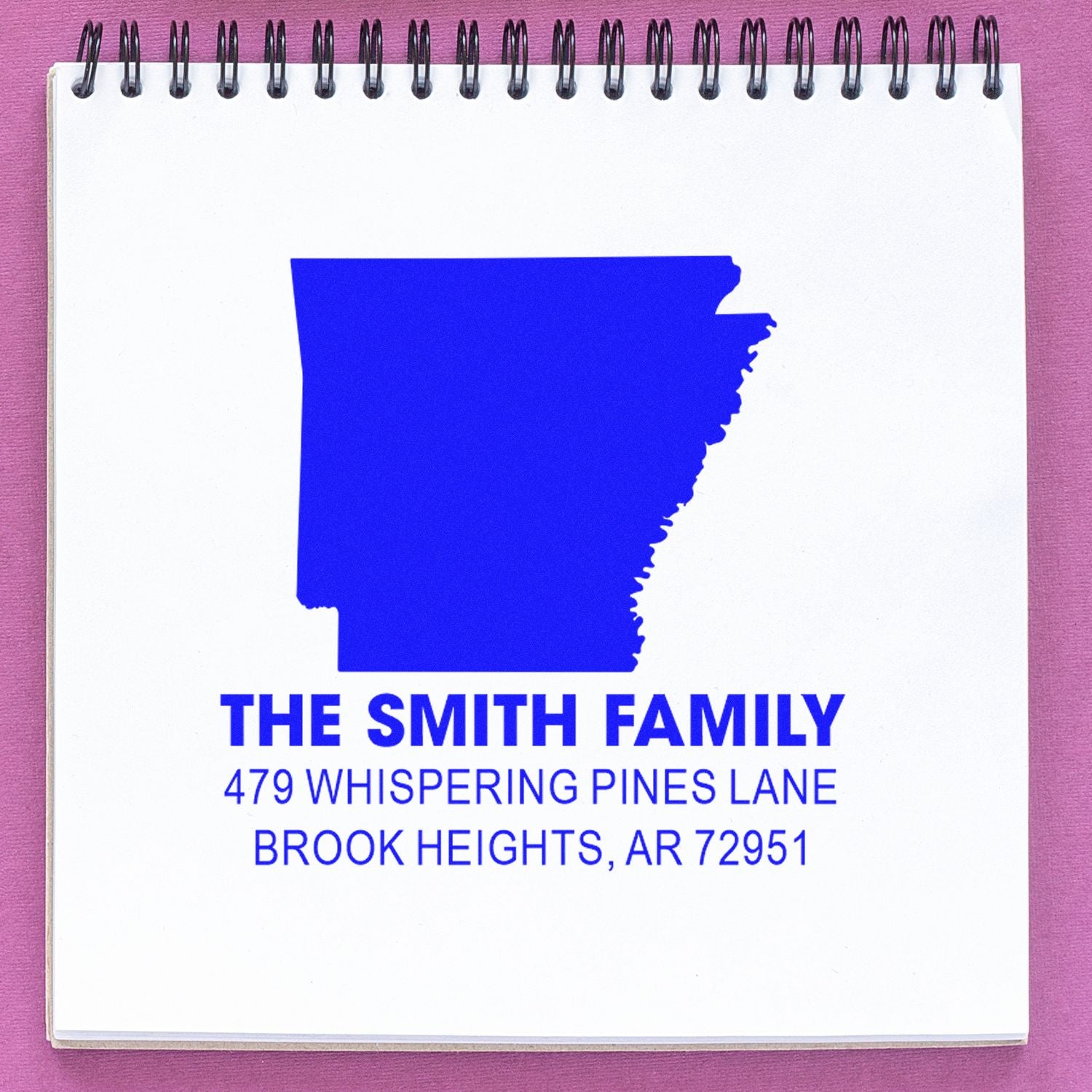 Custom Arkansas return address rubber stamp for The Smith Family at 479 Whispering Pines Lane, Brook Heights, AR 72951.
