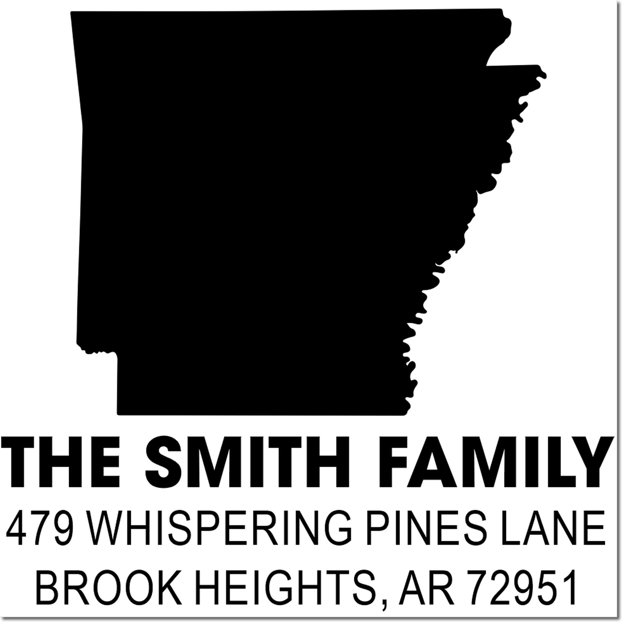 Arkansas custom rubber address stamp for The Smith Family, 479 Whispering Pines Lane, Brook Heights, AR 72951