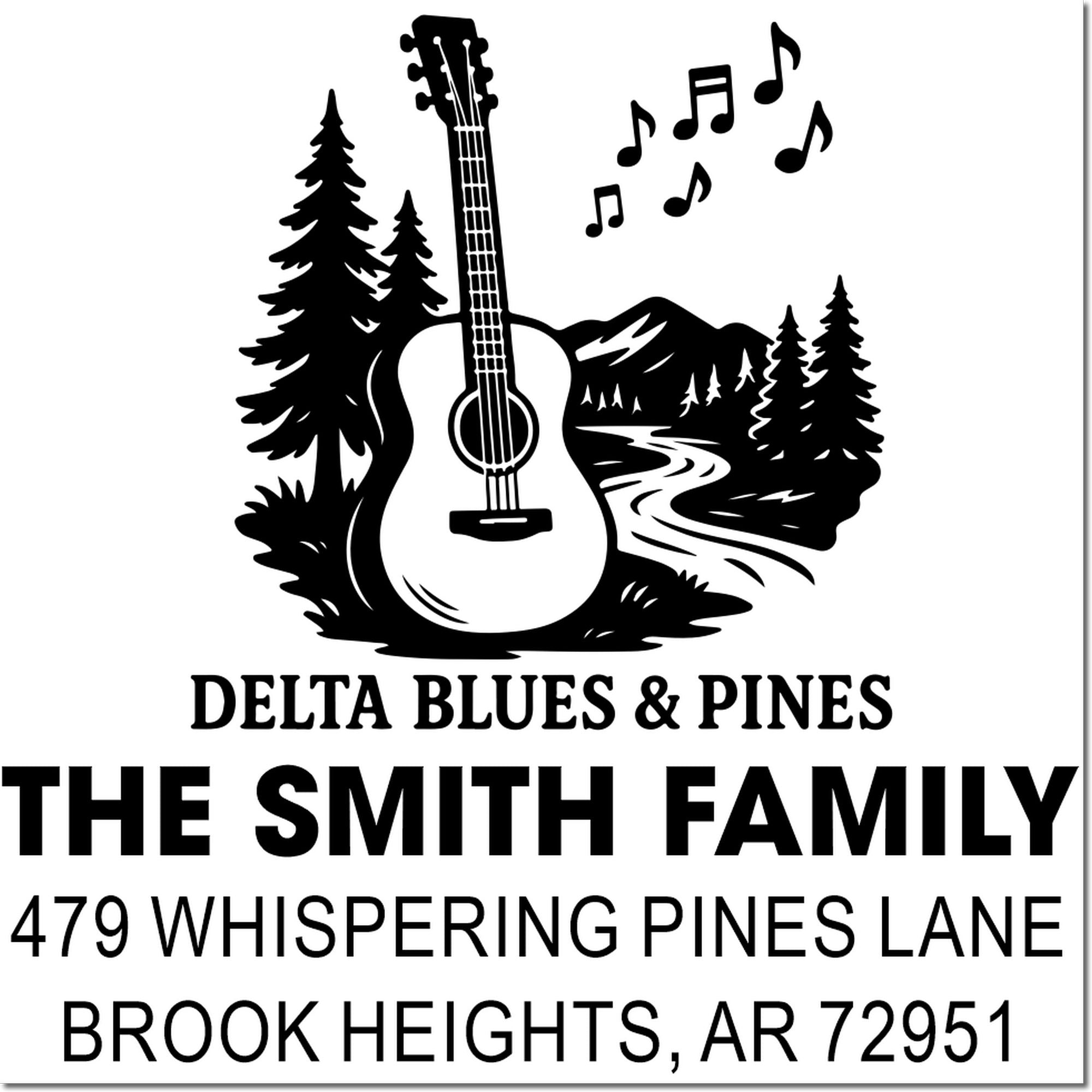Custom family address rubber stamp with guitar, pine trees and river design for The Smith Family, Brook Heights, AR.