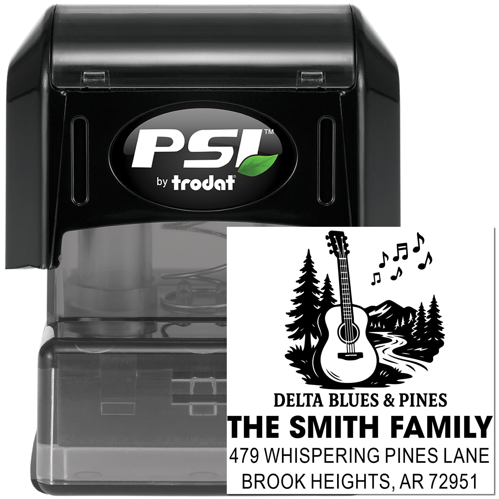 Custom address rubber stamp by PSI/Trodat, featuring Delta Blues & Pines family design with guitar, trees, and return address.