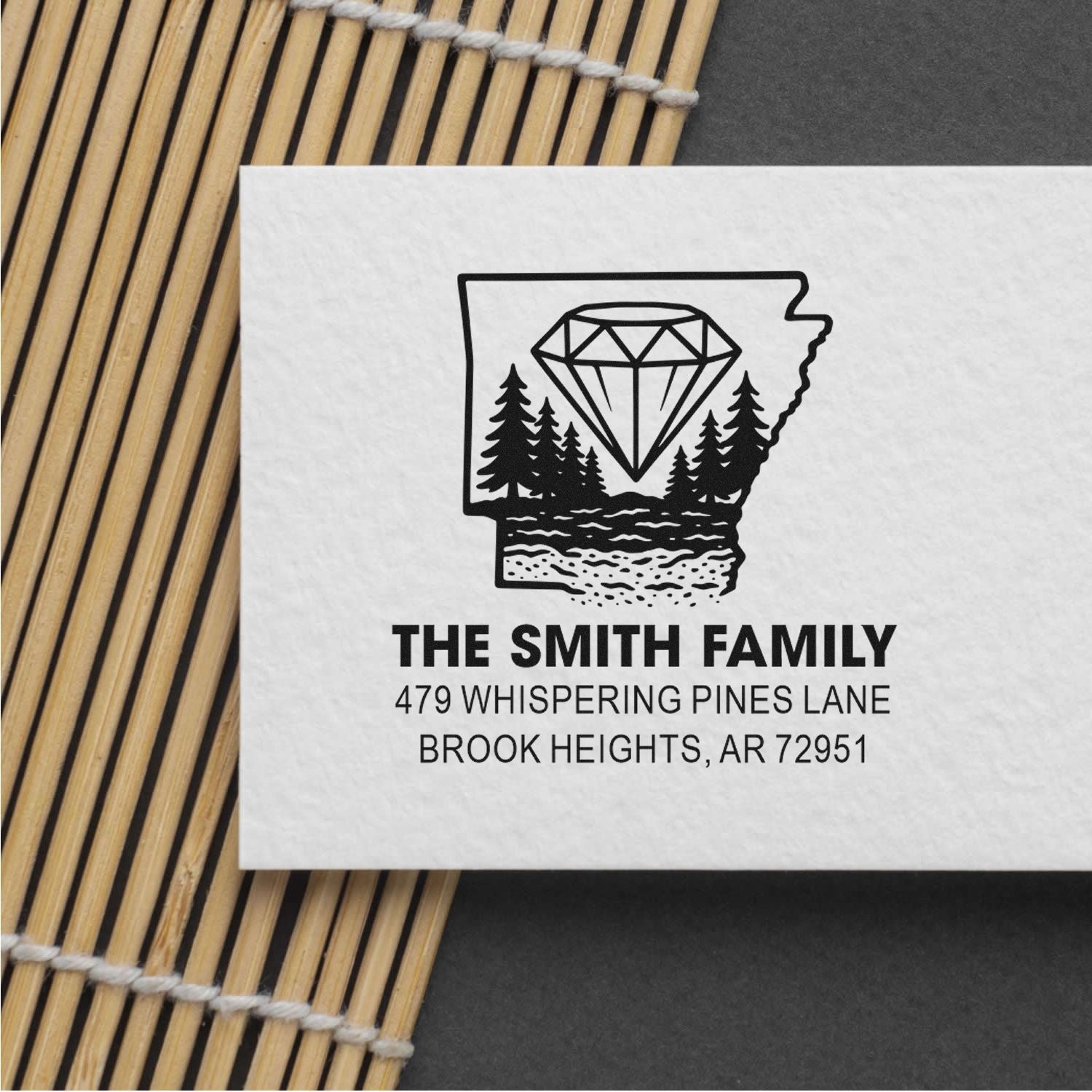Personalized return address rubber stamp with Arkansas outline, diamond and pine trees for The Smith Family.