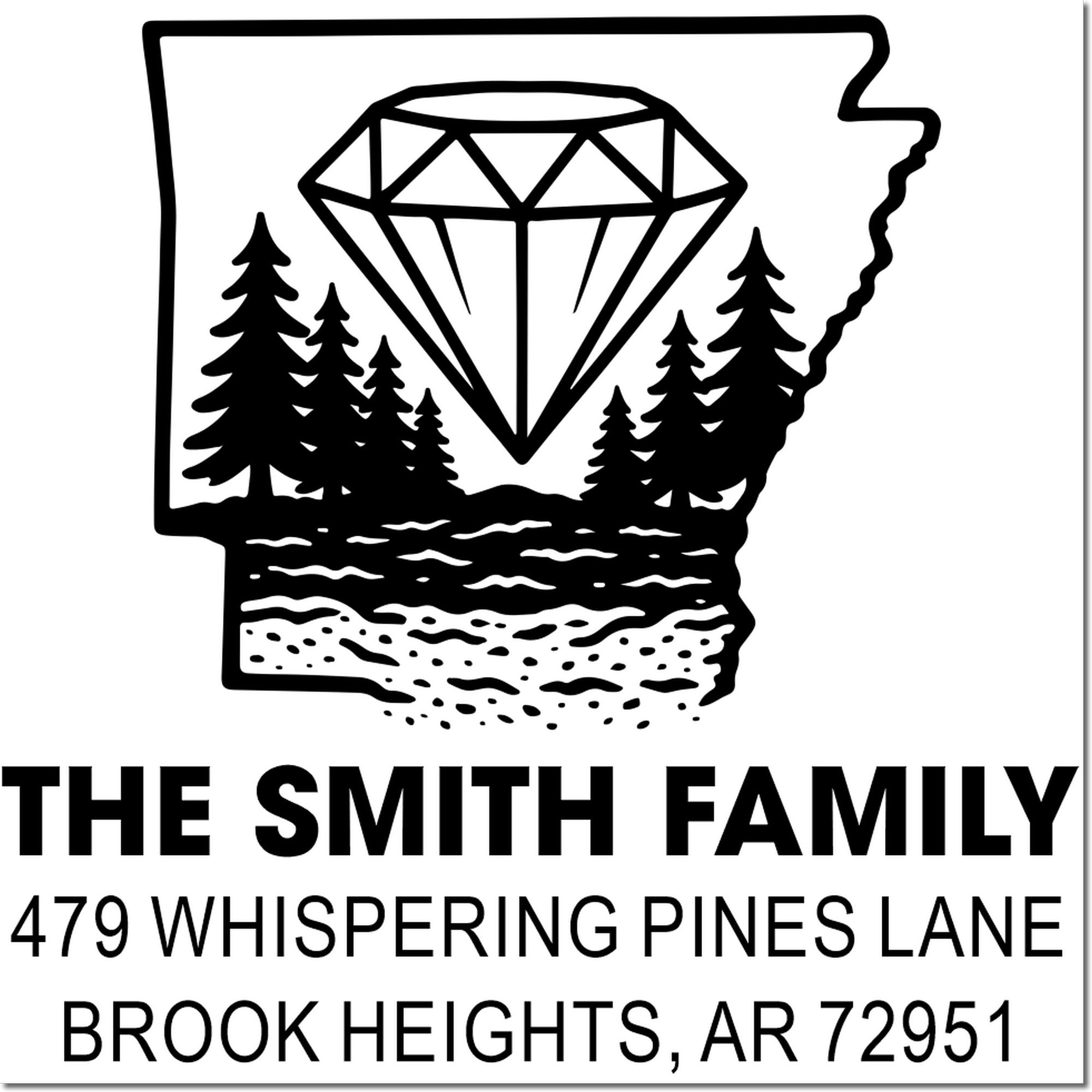Custom Arkansas address rubber stamp with diamond and pine trees, featuring The Smith Family, Brook Heights, AR 72951.